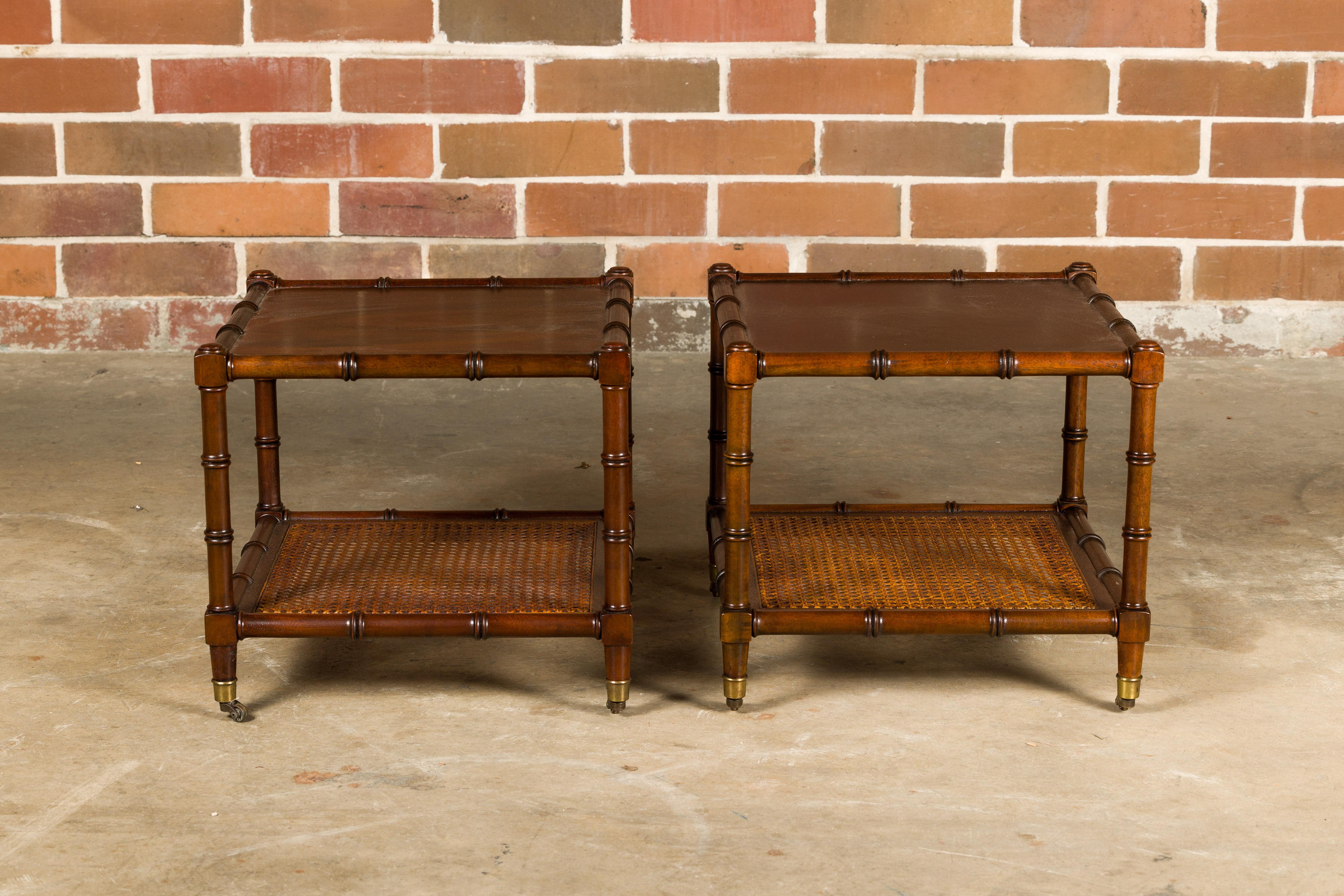 Mid-Century Modern English Midcentury Walnut, Faux Bamboo and Cane Low Side Tables on Casters, Pair For Sale