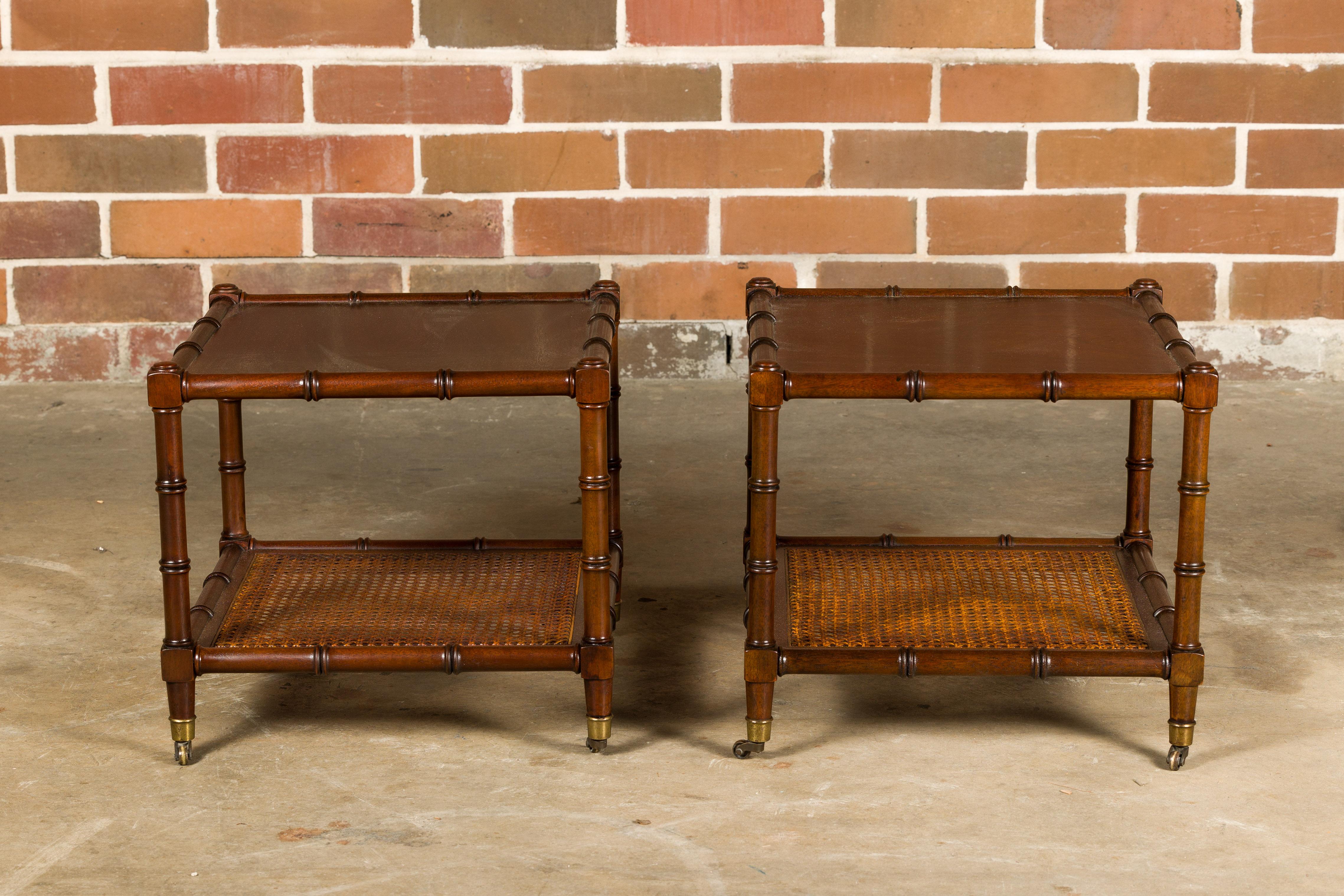 Carved English Midcentury Walnut, Faux Bamboo and Cane Low Side Tables on Casters, Pair For Sale