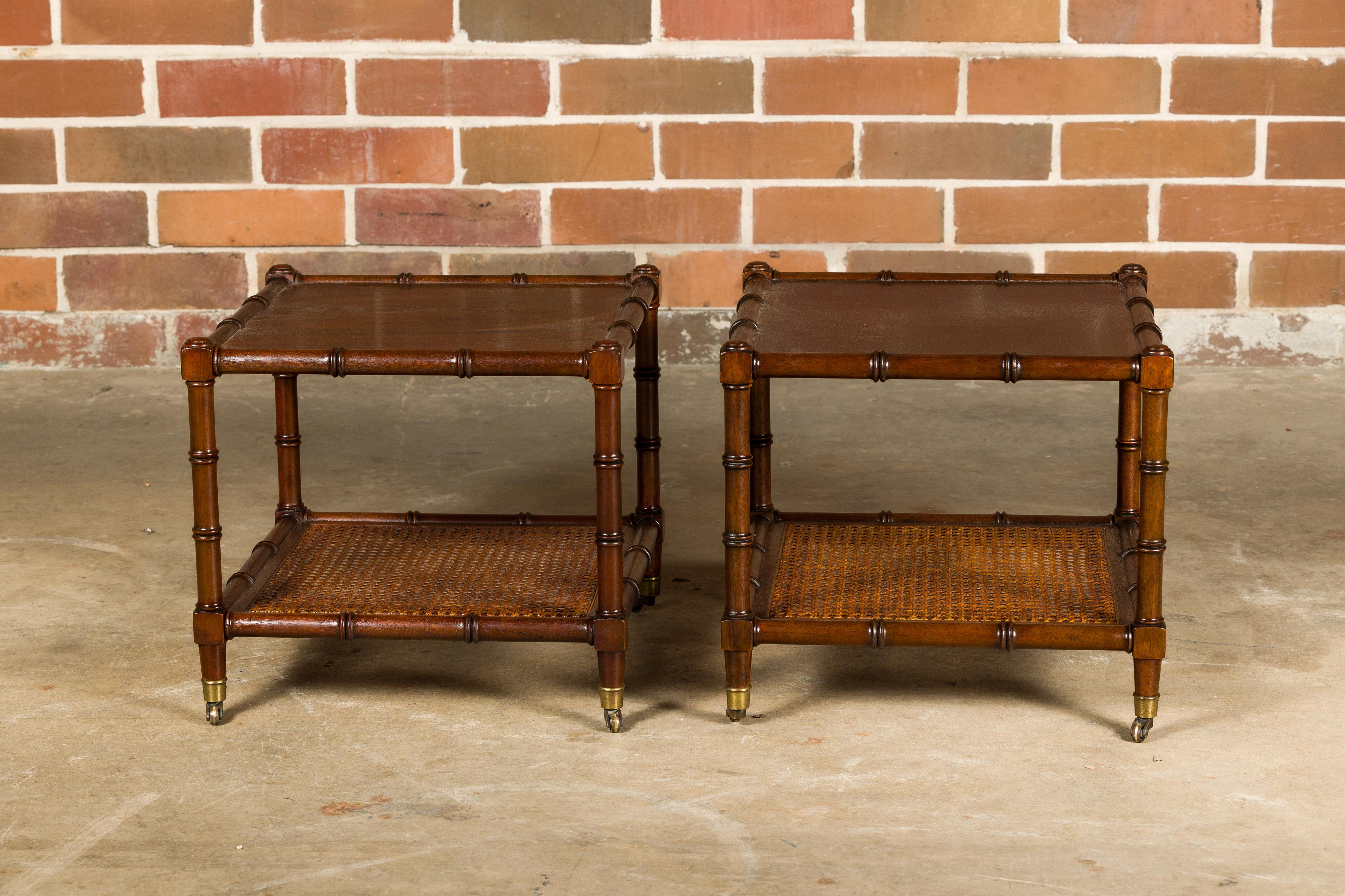 English Midcentury Walnut, Faux Bamboo and Cane Low Side Tables on Casters, Pair In Good Condition For Sale In Atlanta, GA