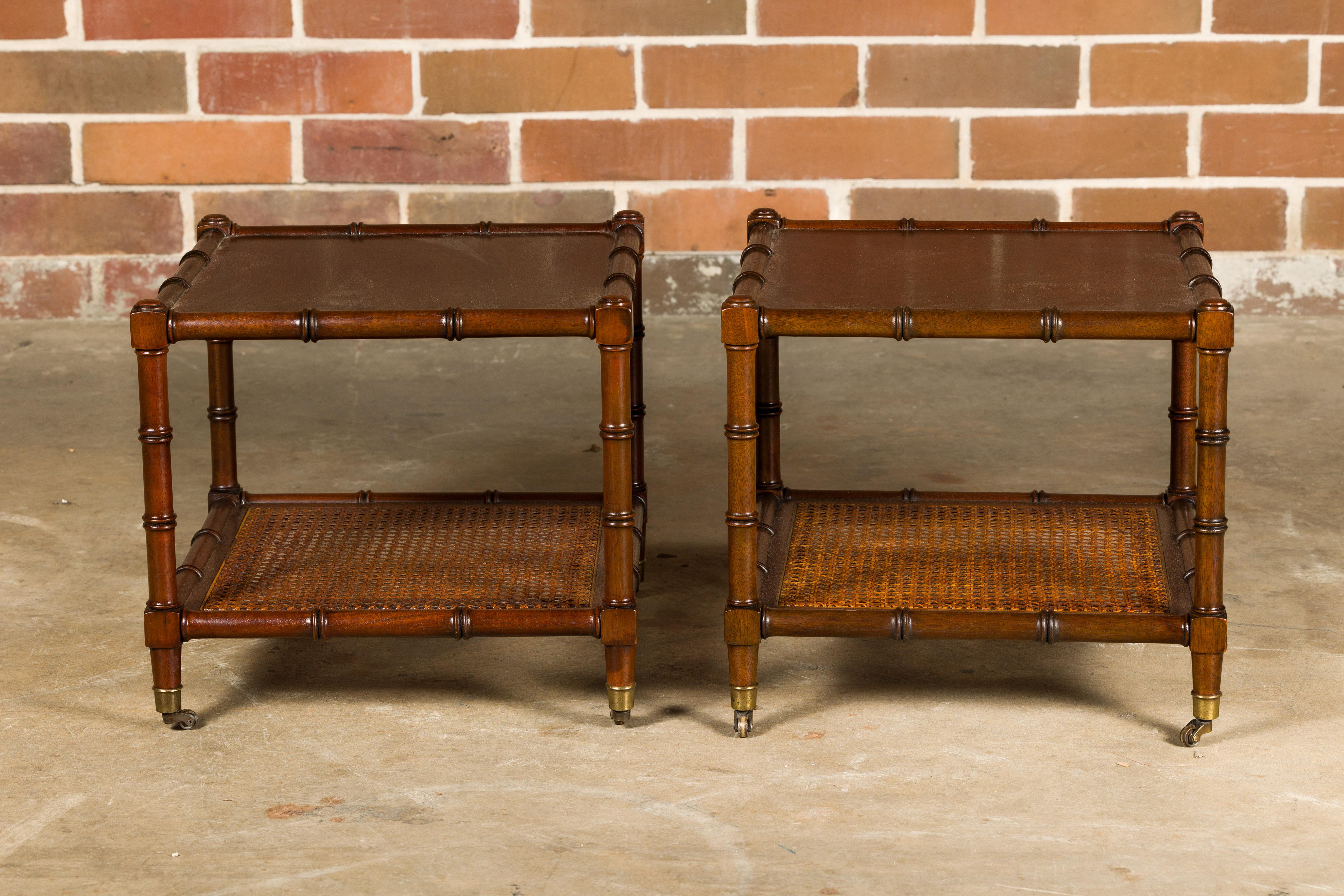 20th Century English Midcentury Walnut, Faux Bamboo and Cane Low Side Tables on Casters, Pair For Sale