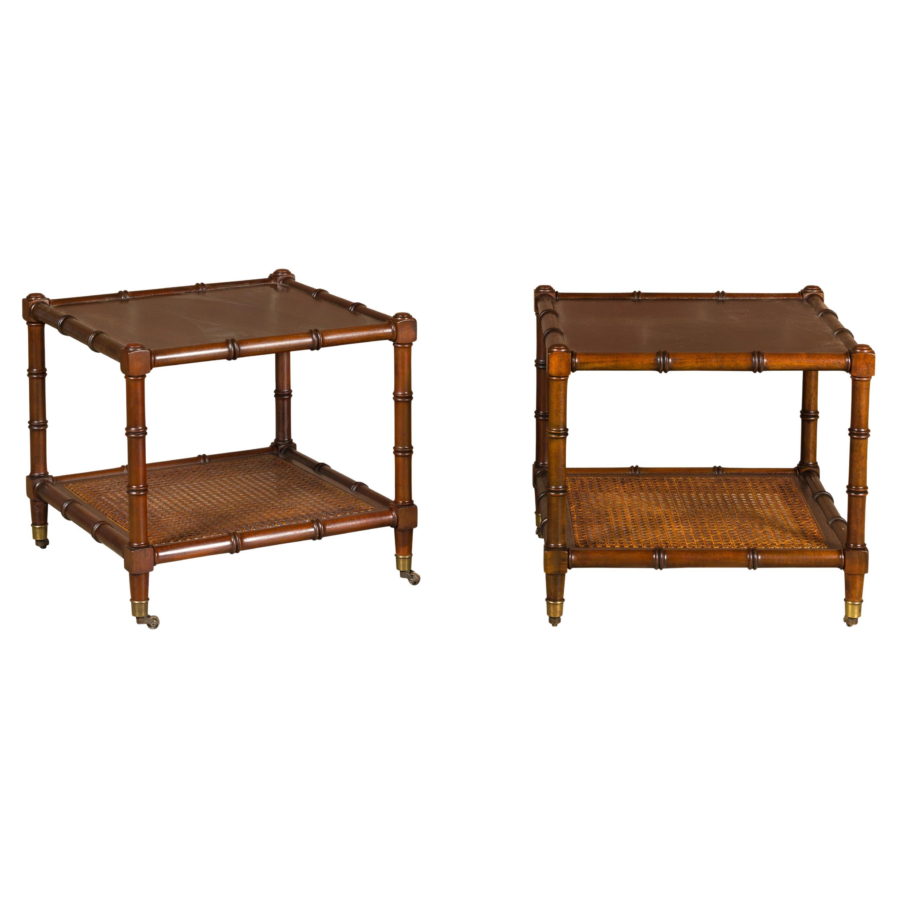 English Midcentury Walnut, Faux Bamboo and Cane Low Side Tables on Casters, Pair For Sale