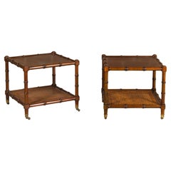Antique English Midcentury Walnut, Faux Bamboo and Cane Low Side Tables on Casters, Pair