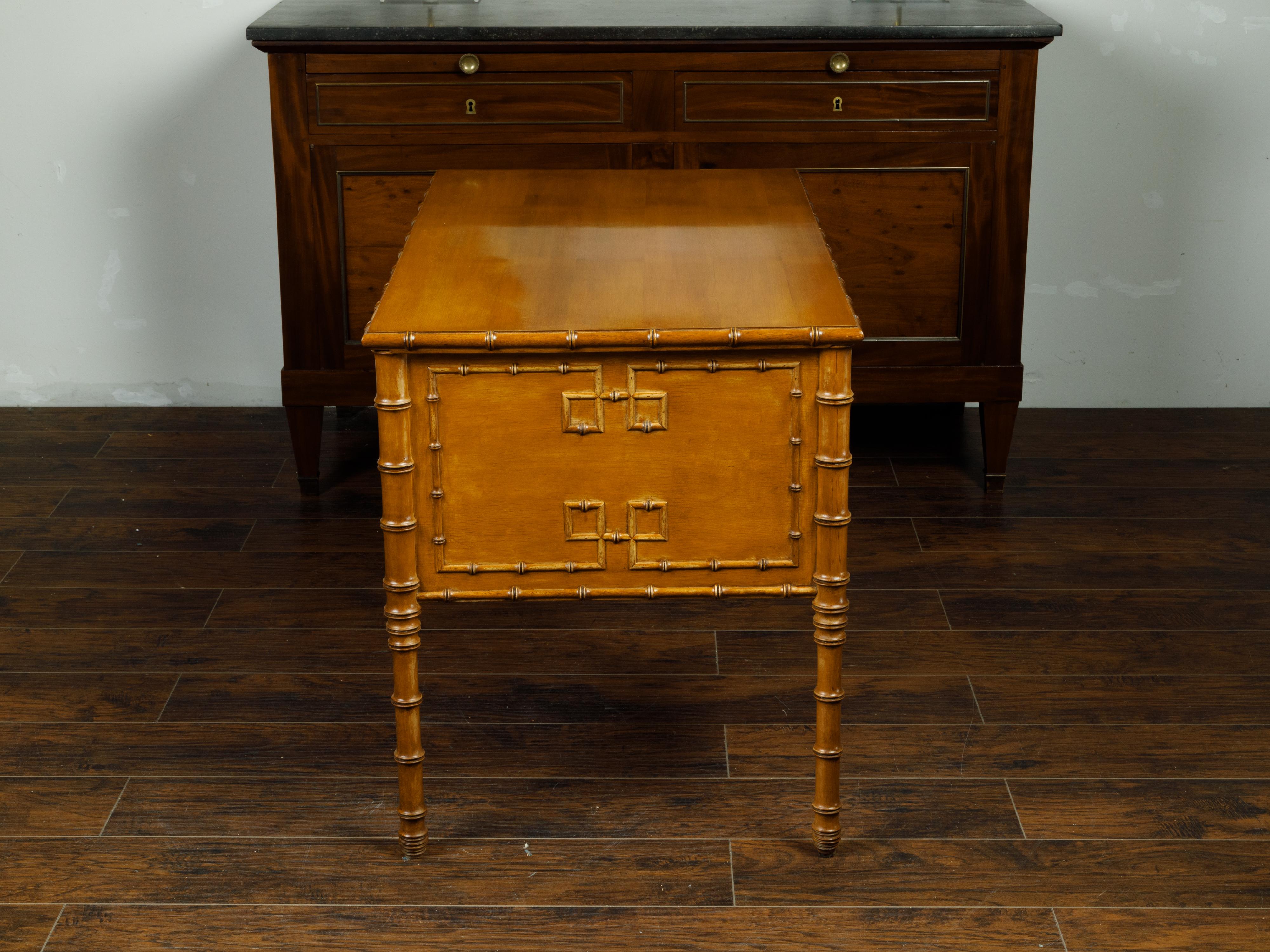English Midcentury Walnut Faux Bamboo Desk with Four Drawers and Warm Patina For Sale 1