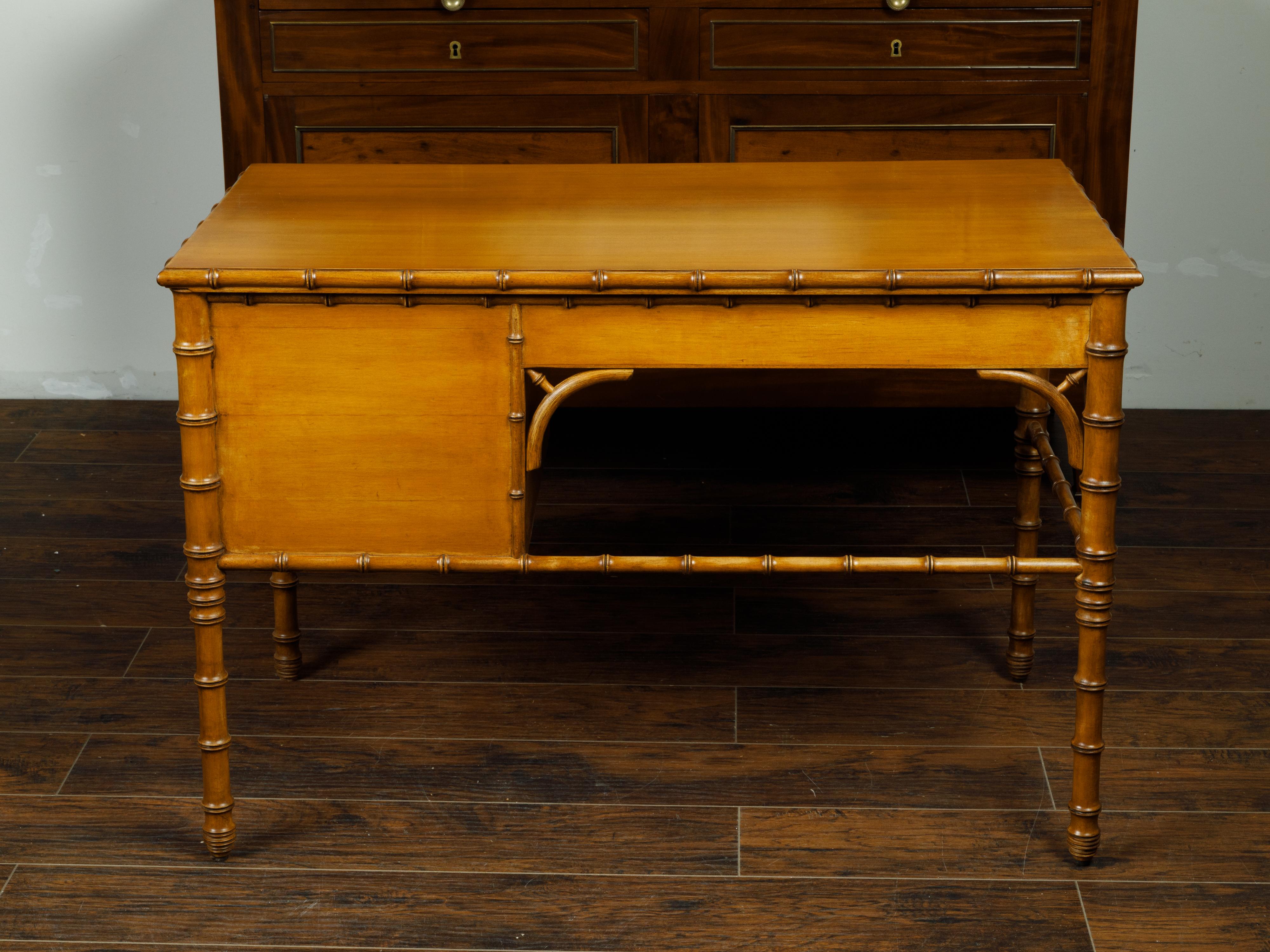 English Midcentury Walnut Faux Bamboo Desk with Four Drawers and Warm Patina For Sale 3