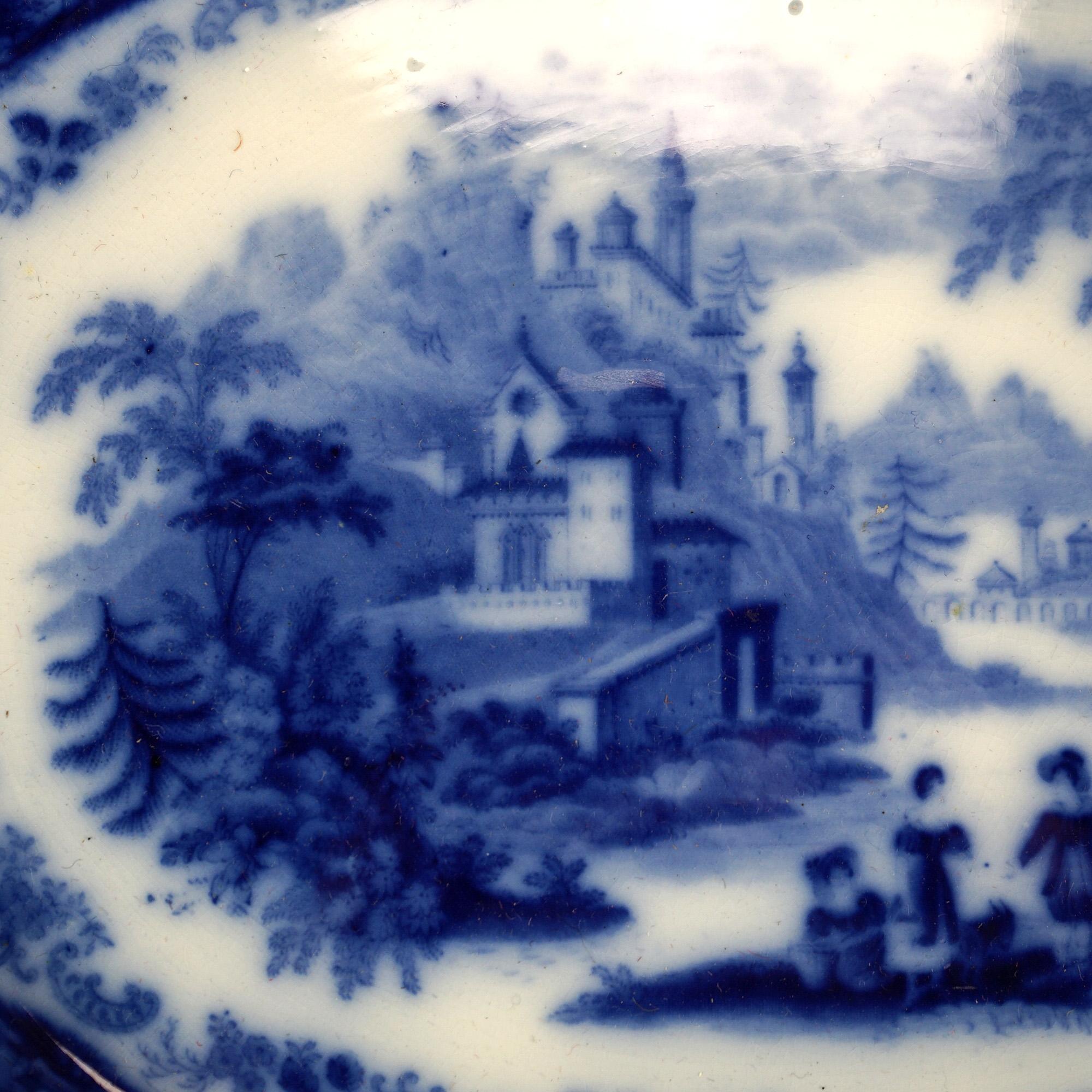 English Middleport Pottery Flow Blue Historical Landscape Pottery Platter with Figures, Signed, c1870

Measures - 11