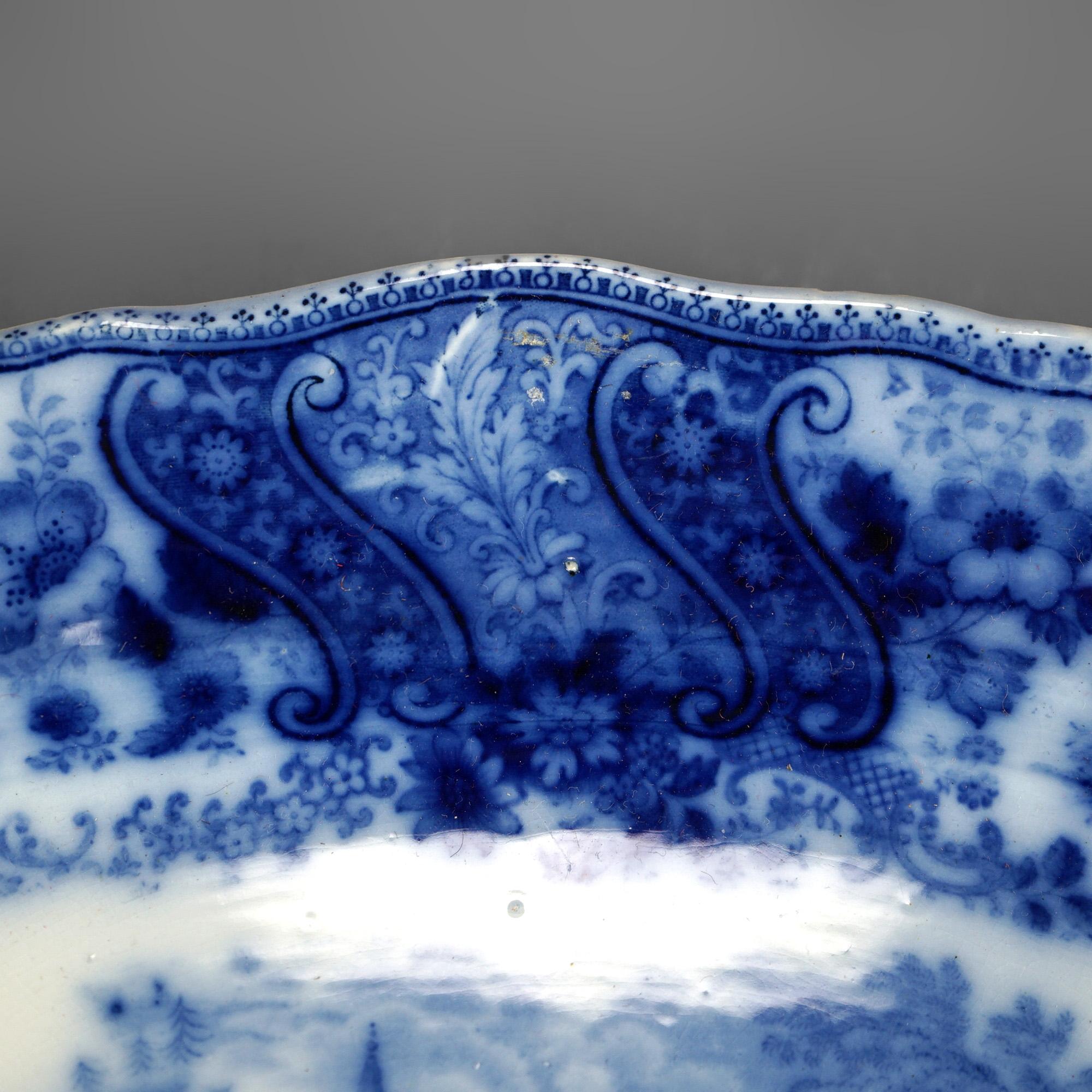 English Middleport Pottery Flow Blue Historical Landscape Pottery Platter c1870 In Good Condition In Big Flats, NY