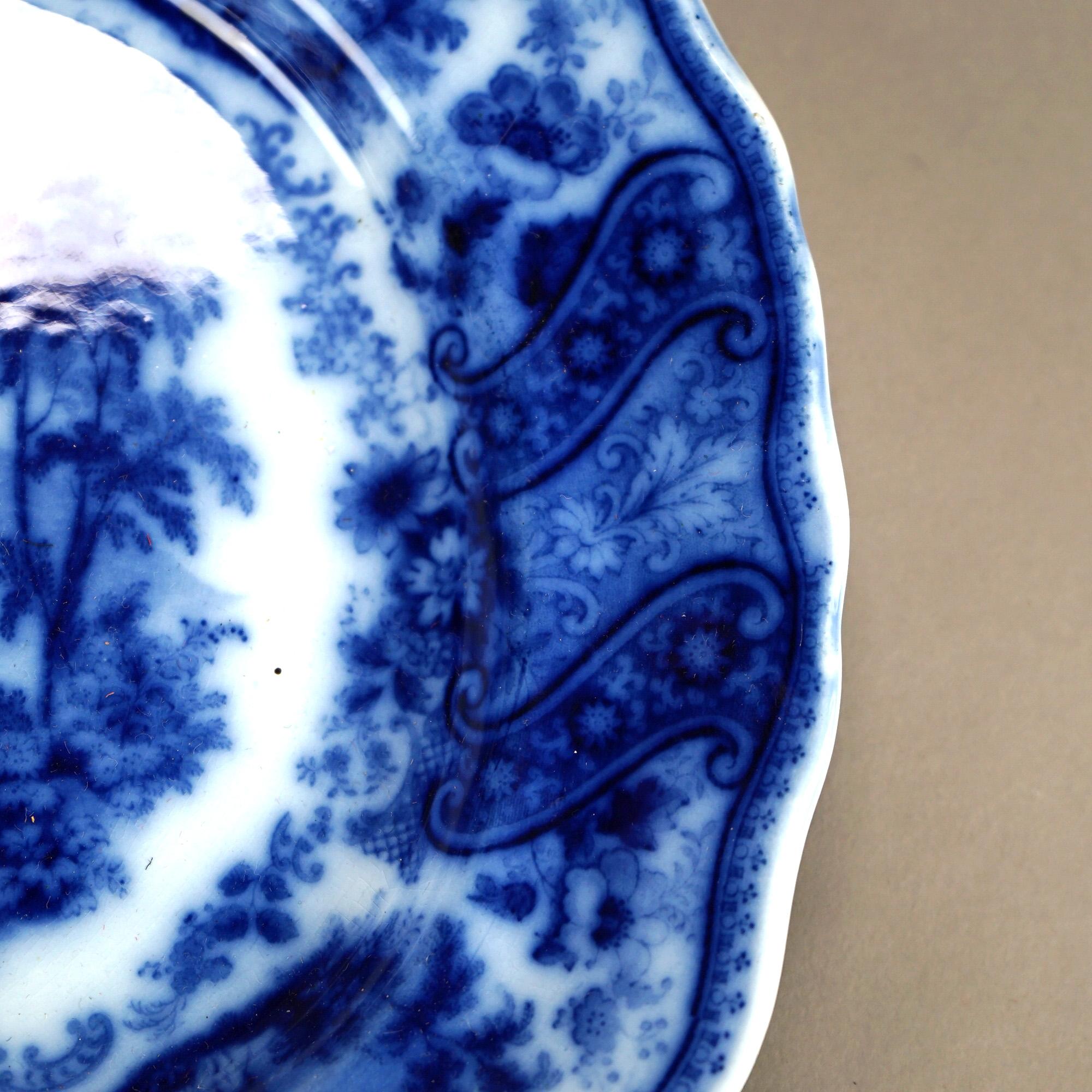 19th Century English Middleport Pottery Flow Blue Historical Landscape Pottery Platter c1870