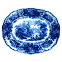 English Middleport Pottery Flow Blue Historical Landscape Pottery Platter c1870