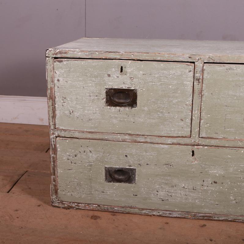 19th C original painted pine English military chest of 3 drawers. Lovely old worn paint. 1880.

Dimensions
38 inches (97 cms) Wide
21 inches (53 cms) Deep
22 inches (56 cms) High.

 