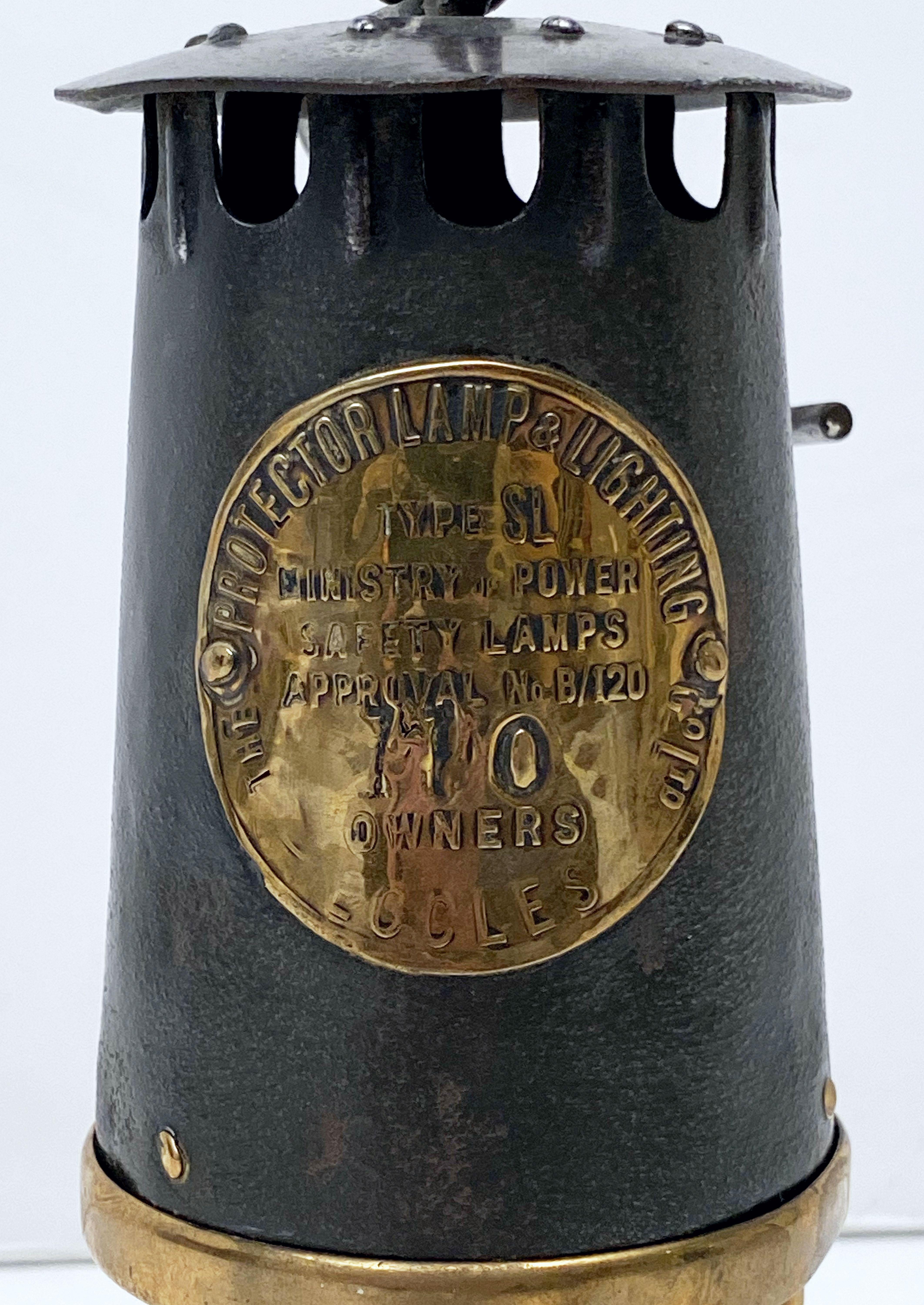 Glass English Miner's Safety Lantern or Lamp of Brass and Steel