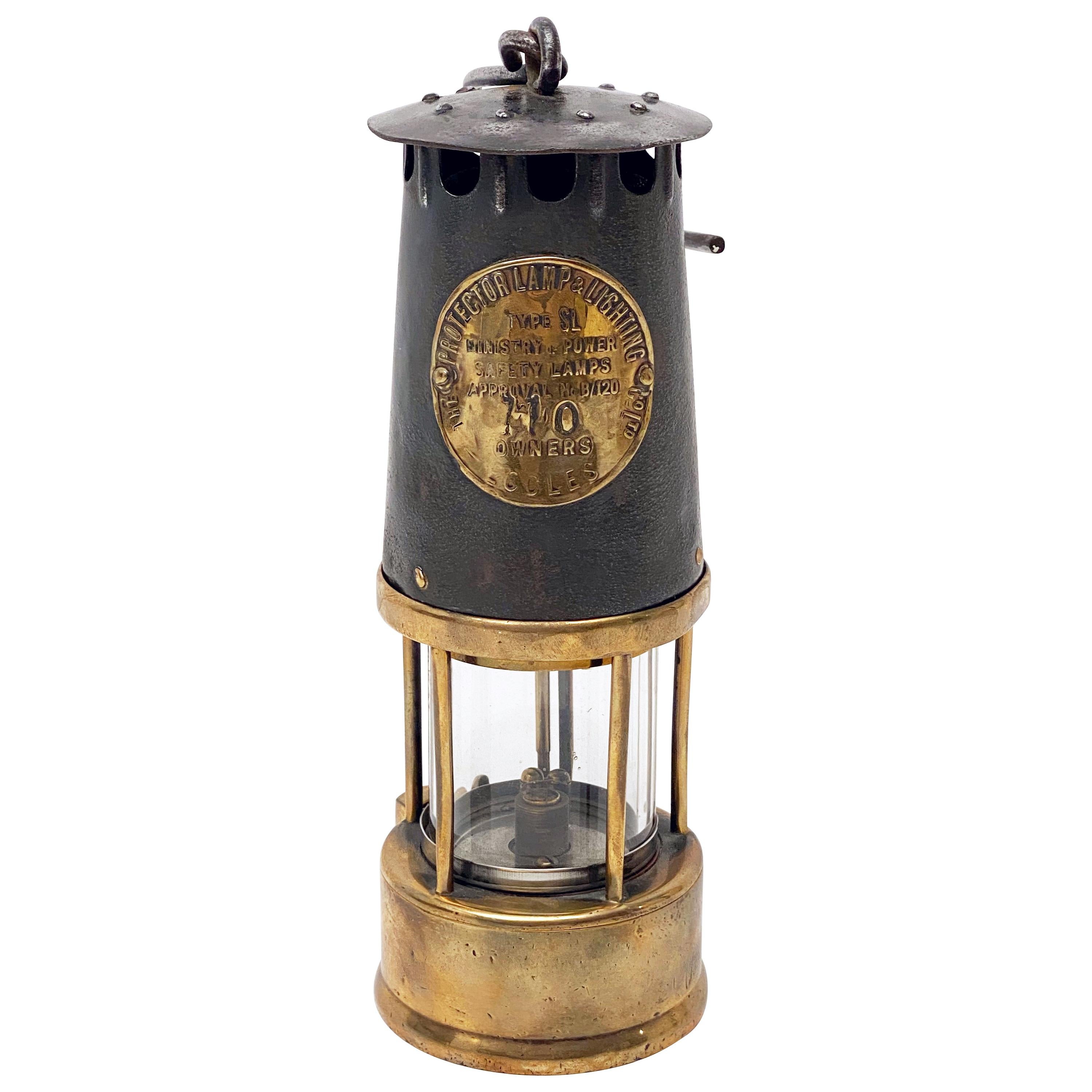 English Miner's Safety Lantern or Lamp of Brass and Steel