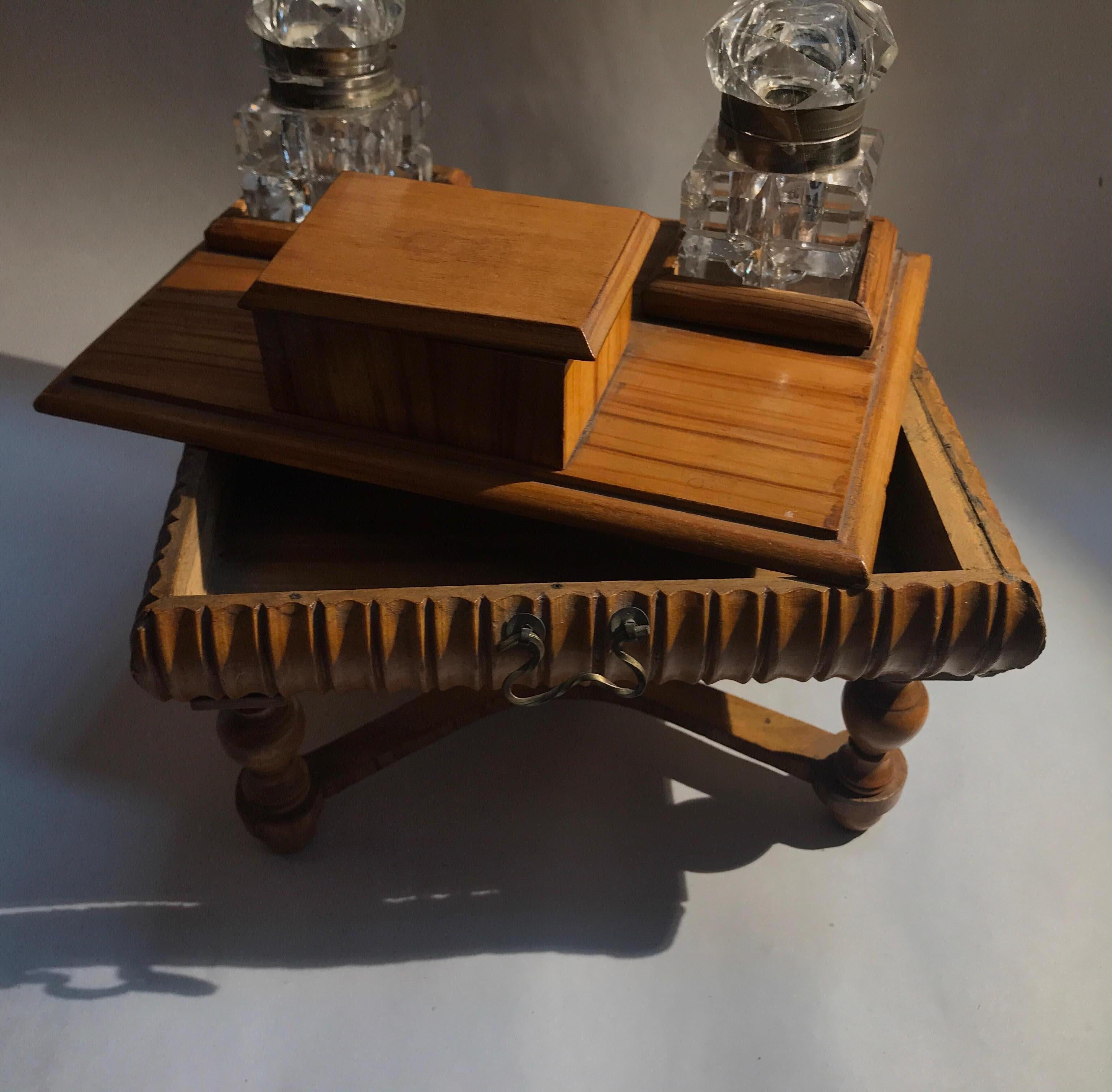 Late Victorian English Miniature Desk Motif Double Inkwell Box