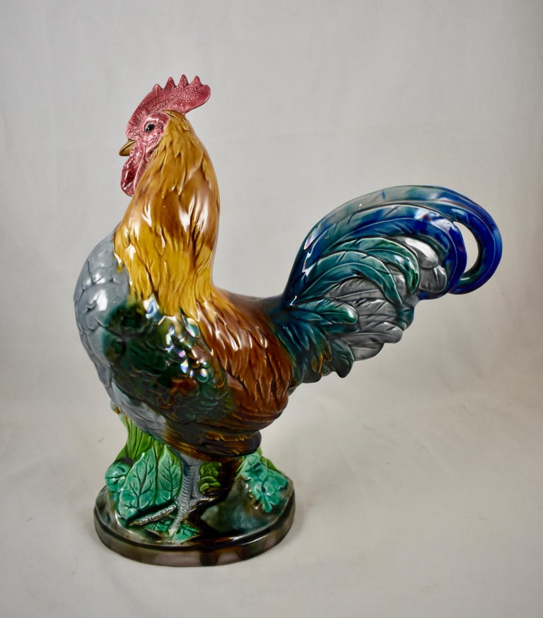 20th Century English Mintons 1910 Aesthetic Movement Majolica Glazed John Henk Rooster Figure For Sale