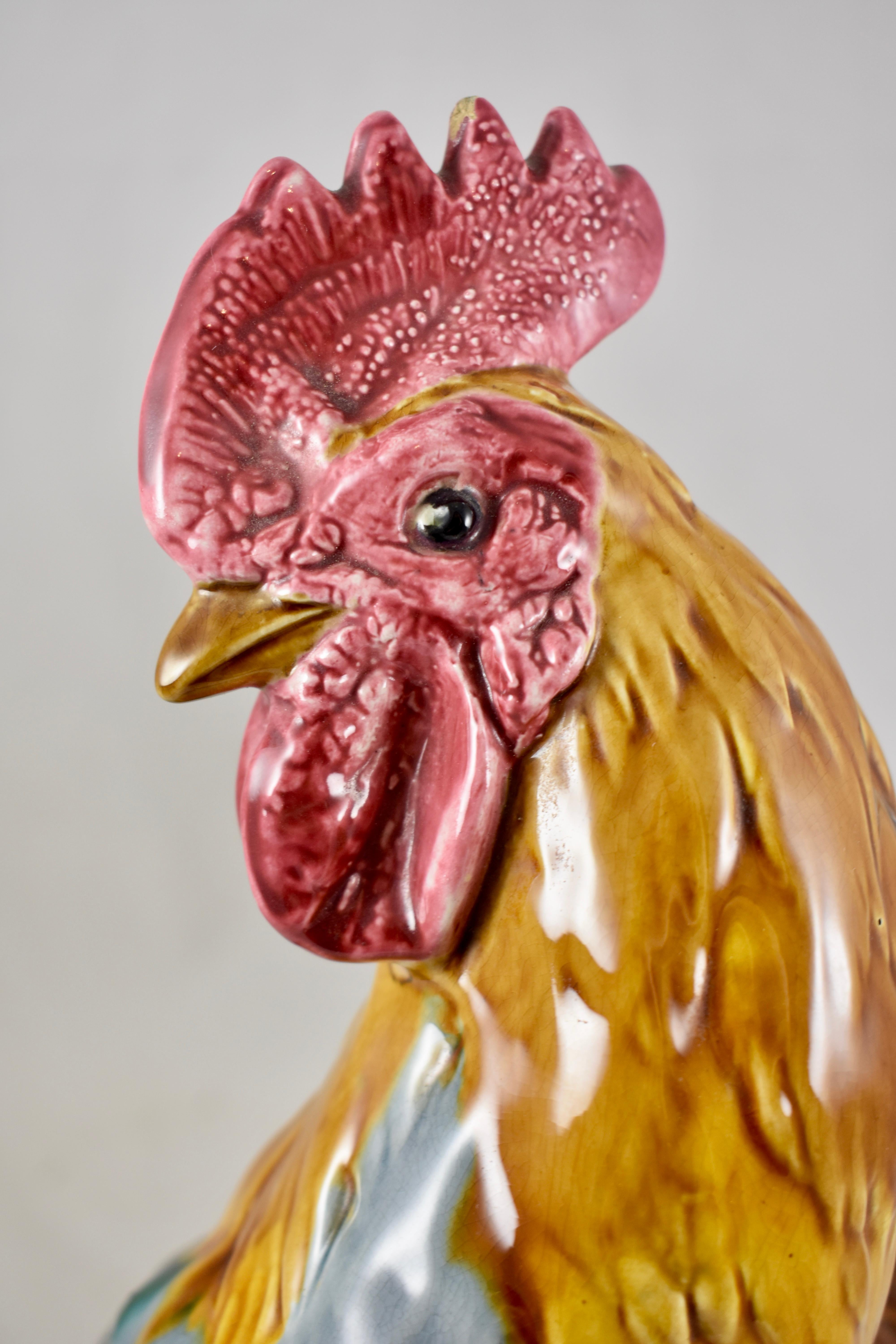 English Mintons 1910 Aesthetic Movement Majolica Glazed John Henk Rooster Figure In Good Condition For Sale In Philadelphia, PA