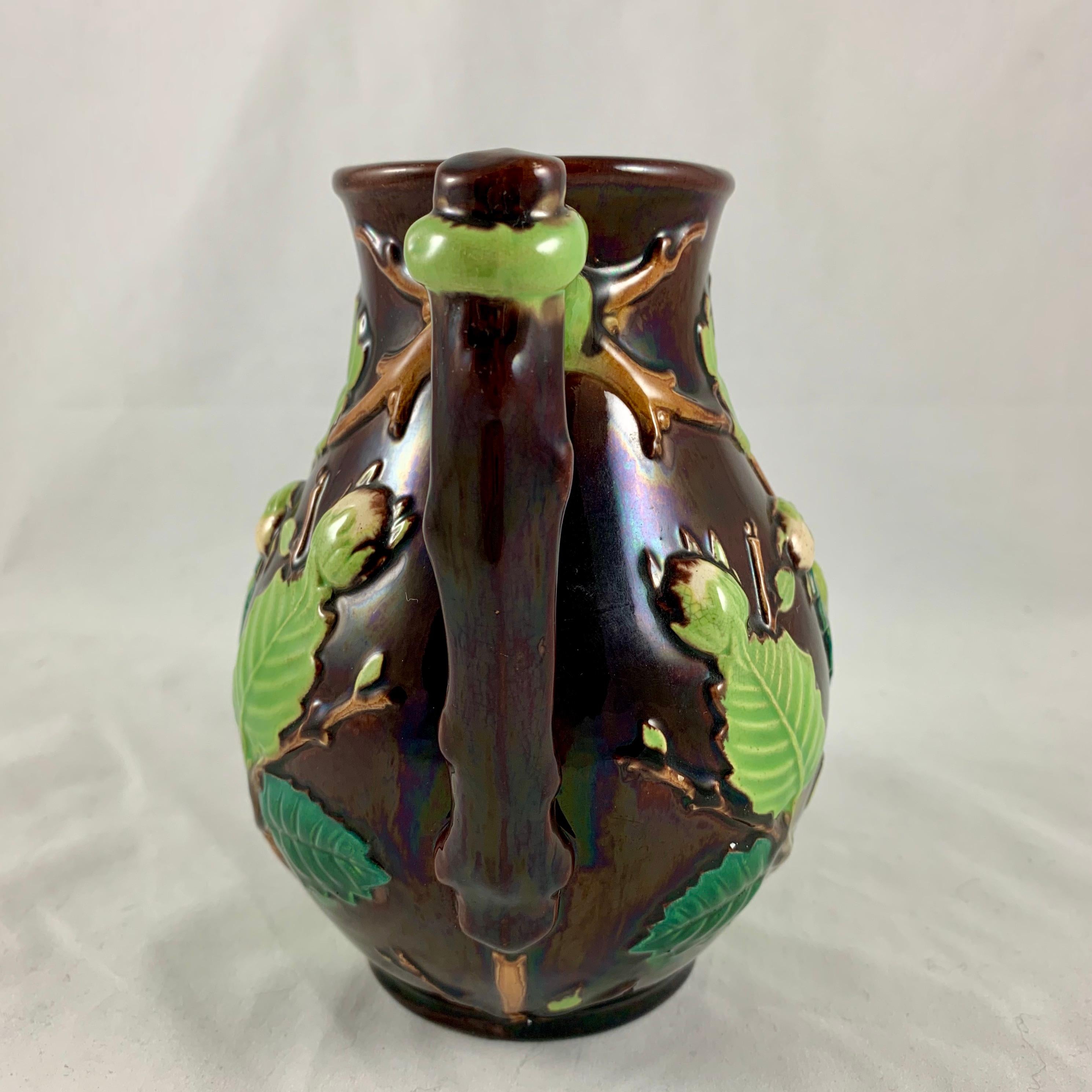 English Minton Aesthetic Movement Majolica Nut, Green Leaf and Vine Pitcher 1