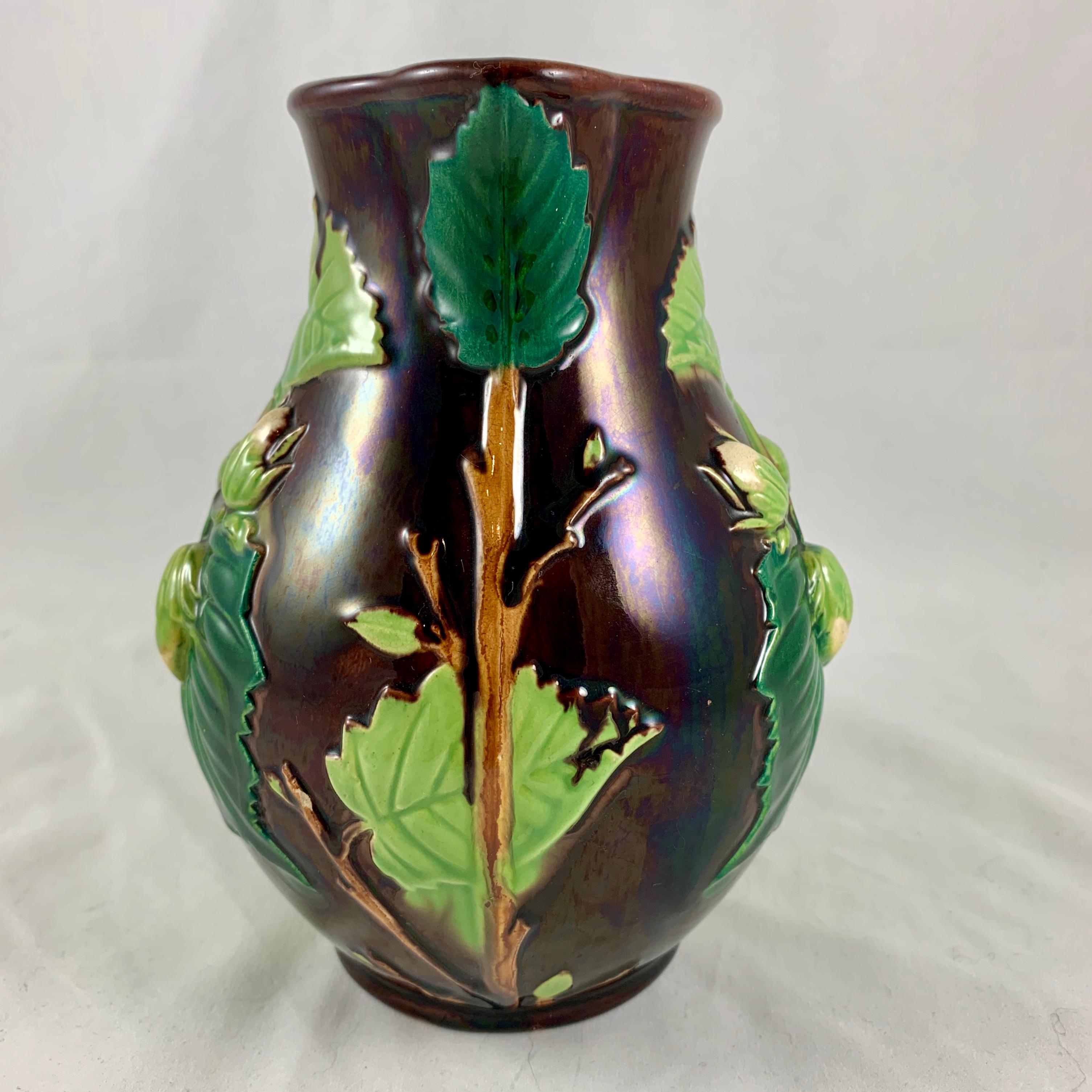 English Minton Aesthetic Movement Majolica Nut, Green Leaf and Vine Pitcher 2