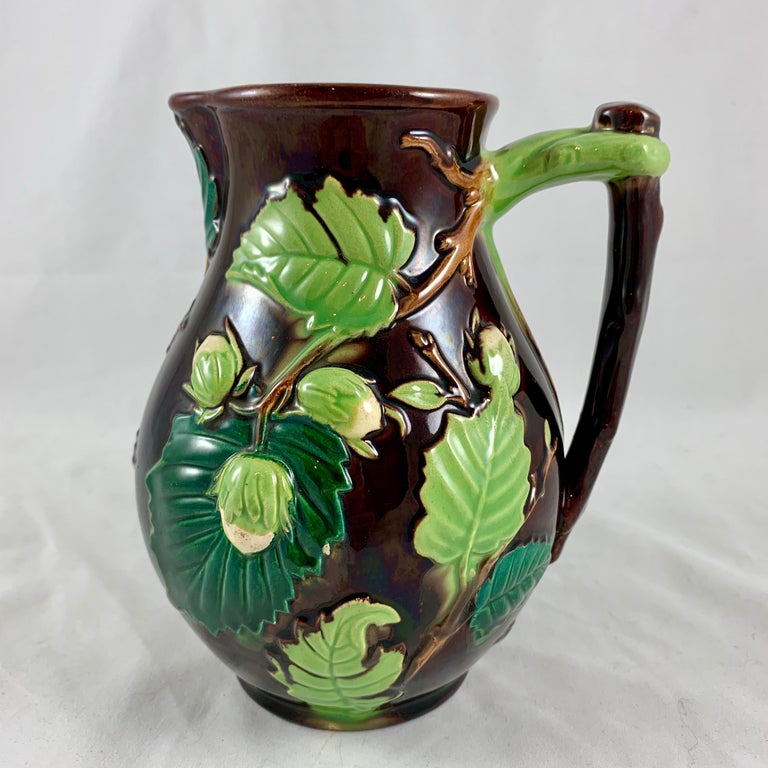 Glazed English Minton Aesthetic Movement Majolica Nut, Green Leaf and Vine Pitcher For Sale
