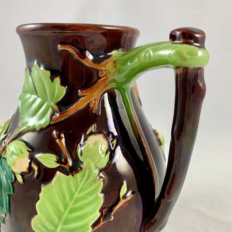 19th Century English Minton Aesthetic Movement Majolica Nut, Green Leaf and Vine Pitcher For Sale