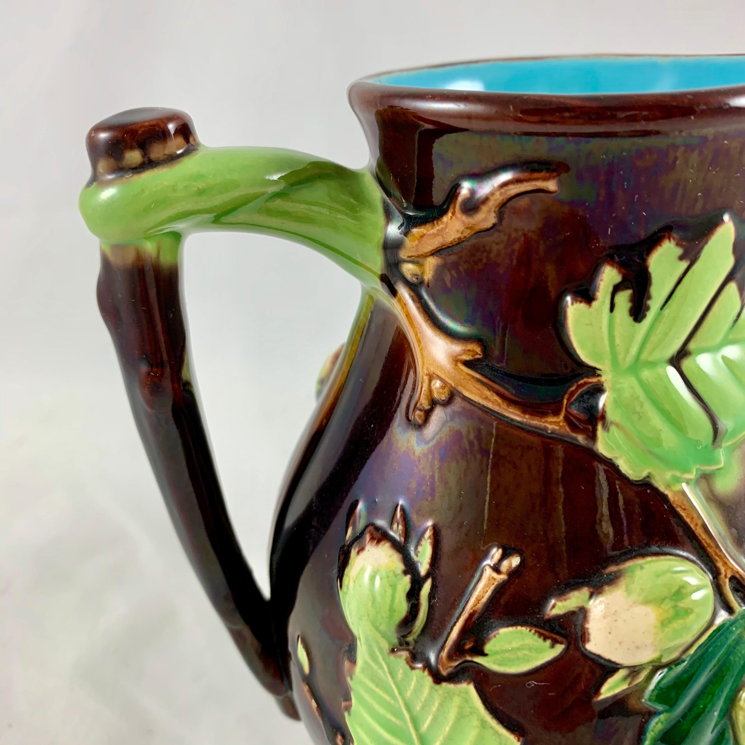 Glazed English Minton Aesthetic Movement Majolica Nut, Green Leaf and Vine Pitcher