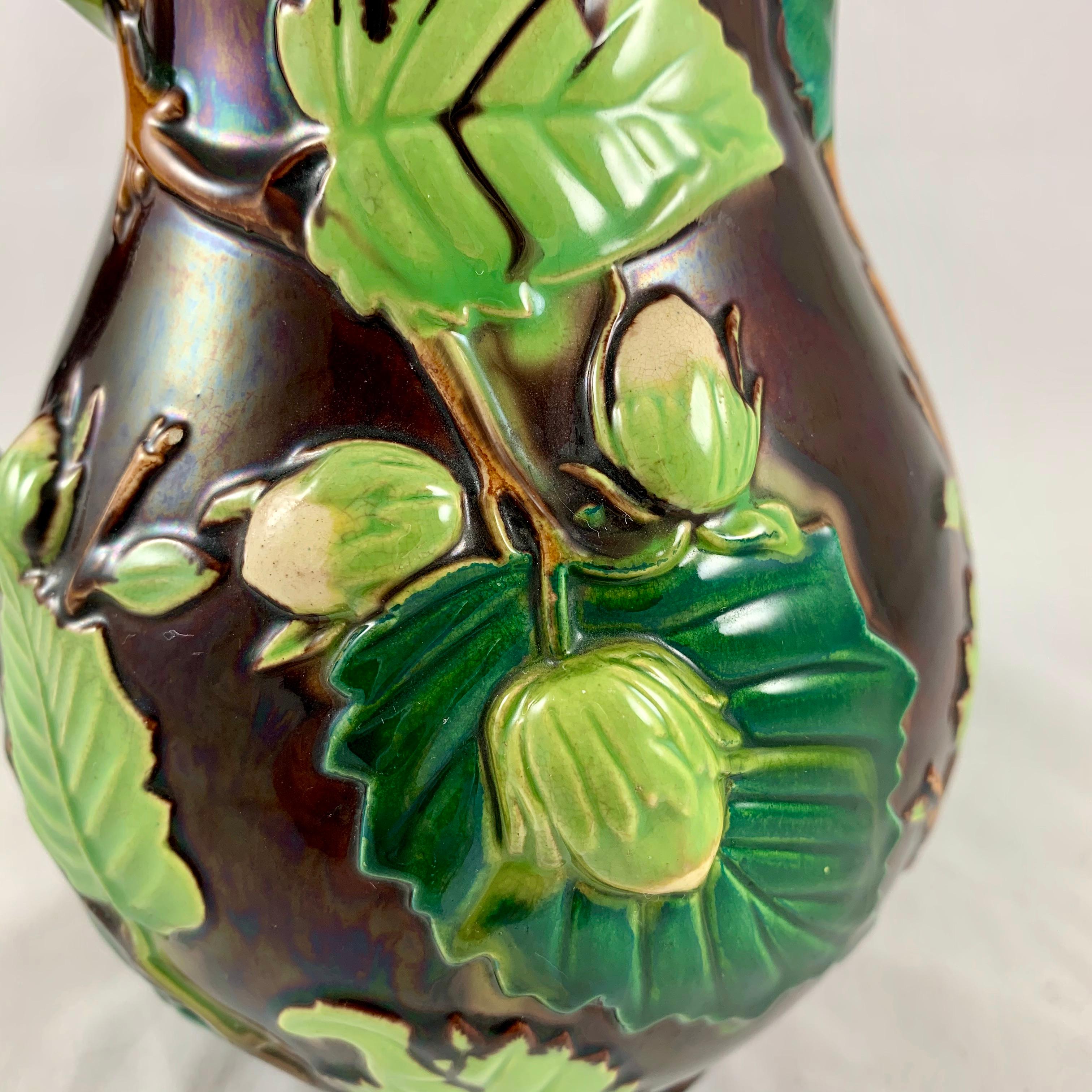 English Minton Aesthetic Movement Majolica Nut, Green Leaf and Vine Pitcher In Good Condition In Philadelphia, PA