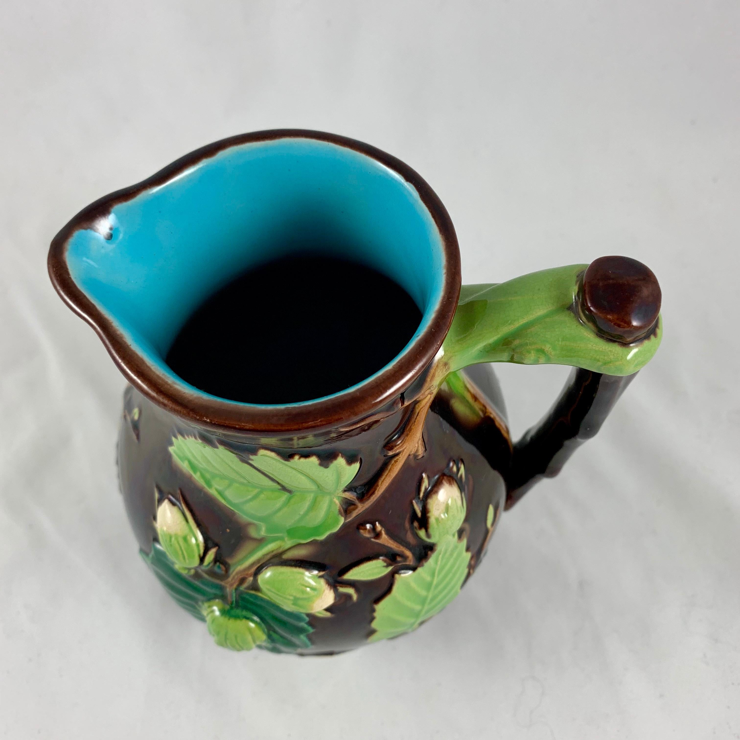 19th Century English Minton Aesthetic Movement Majolica Nut, Green Leaf and Vine Pitcher