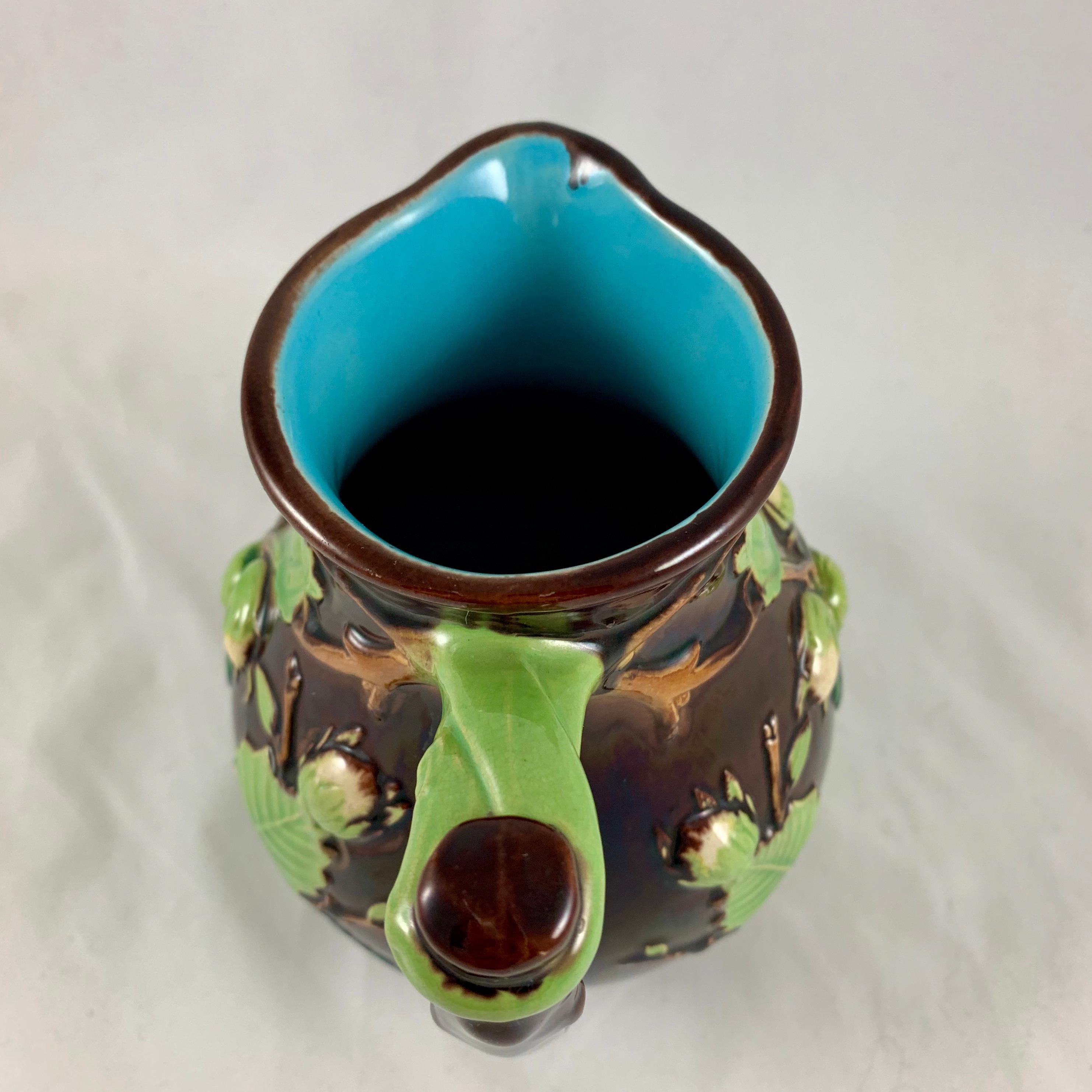 Earthenware English Minton Aesthetic Movement Majolica Nut, Green Leaf and Vine Pitcher