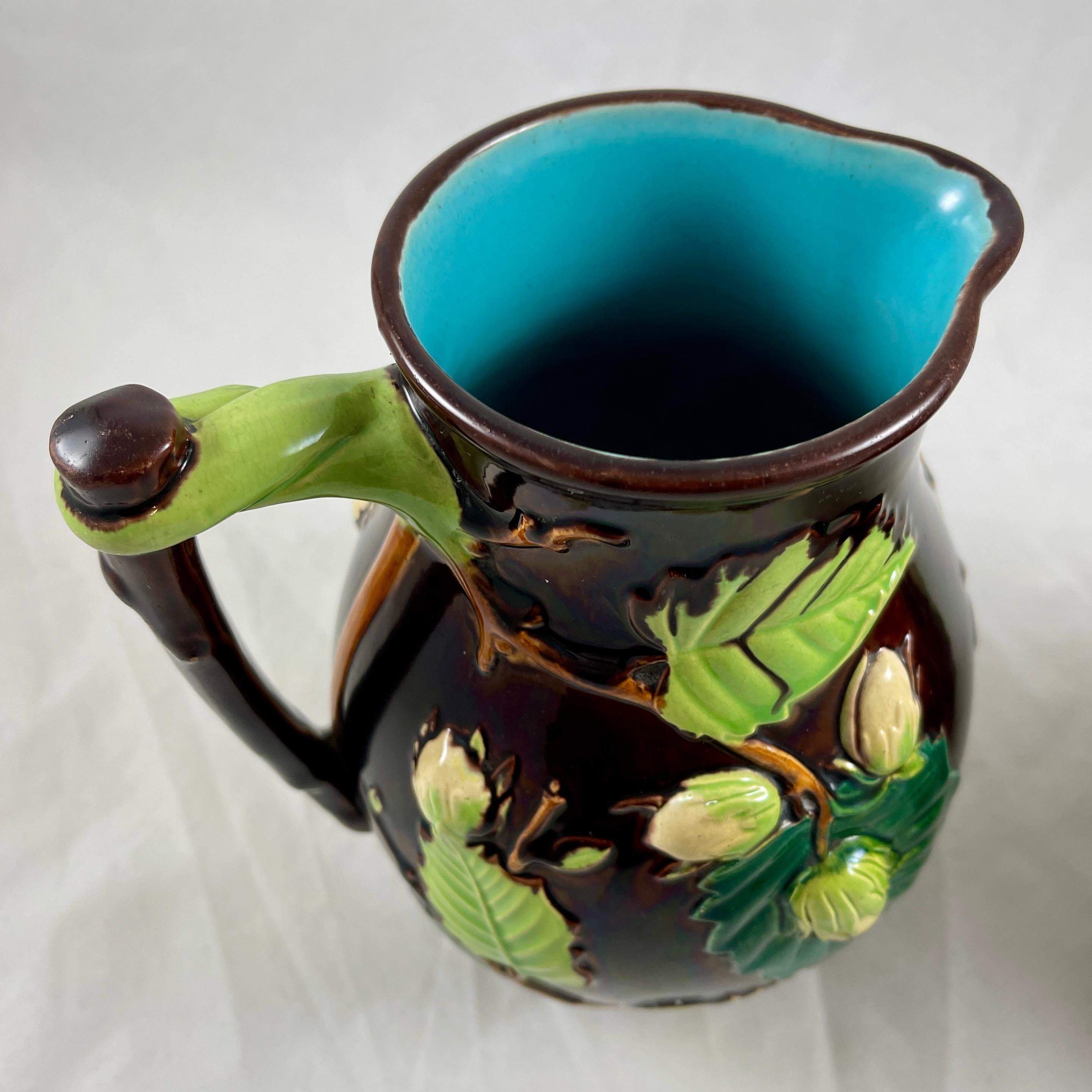 English Minton Aesthetic Movement Majolica Nut, Leaf & Vine Pitchers, a Pair For Sale 4
