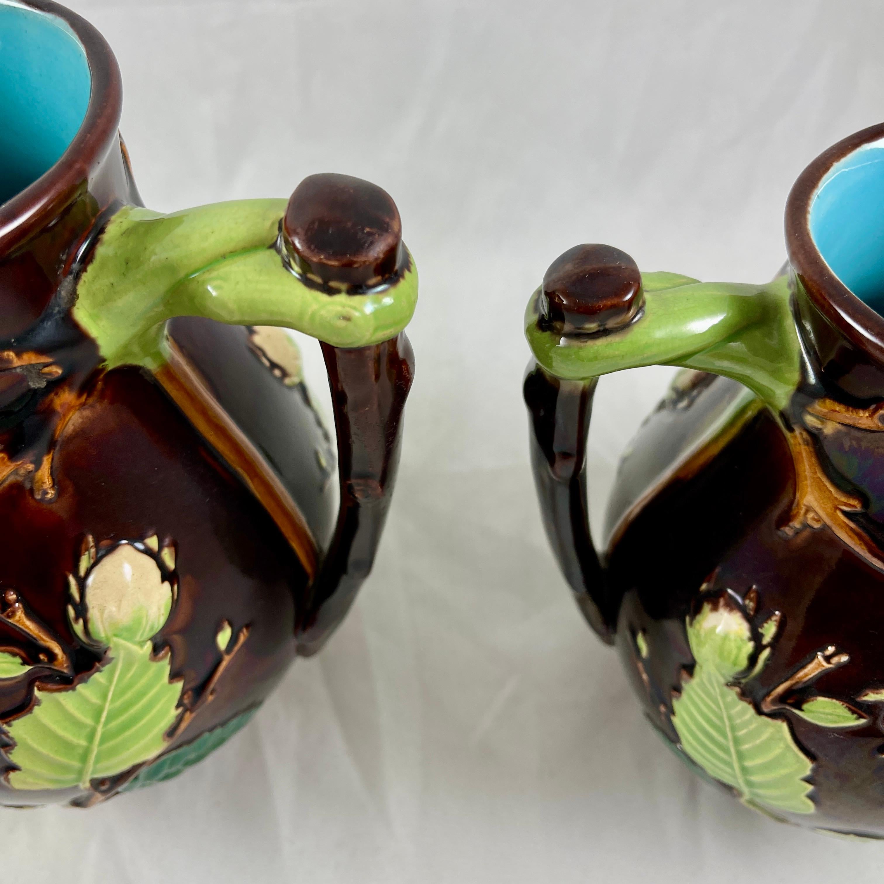 English Minton Aesthetic Movement Majolica Nut, Leaf & Vine Pitchers, a Pair For Sale 6