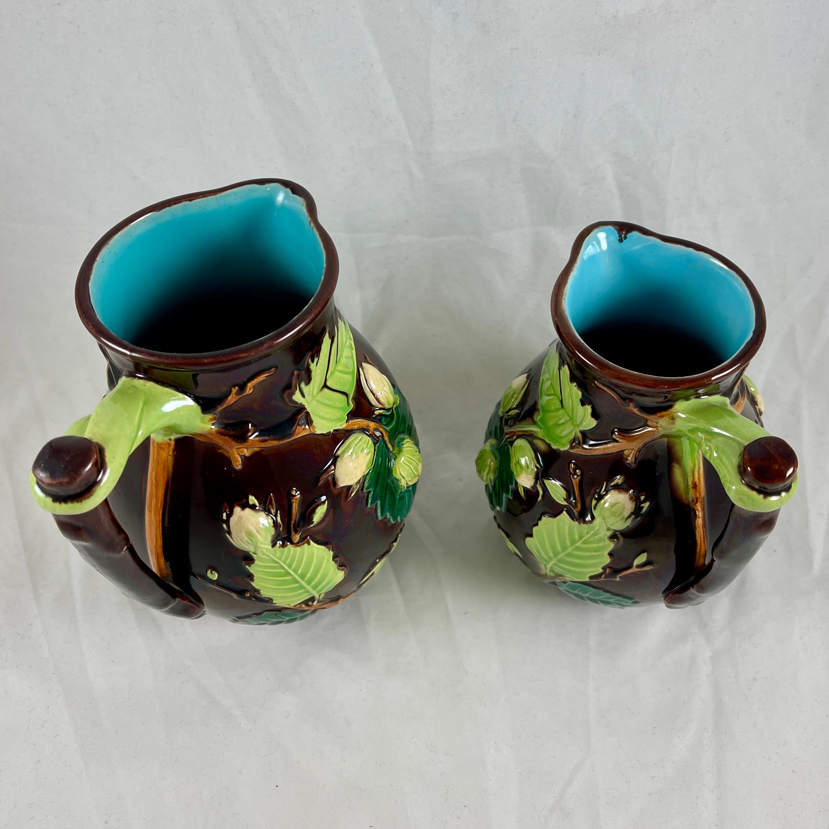English Minton Aesthetic Movement Majolica Nut, Leaf & Vine Pitchers, a Pair For Sale 8