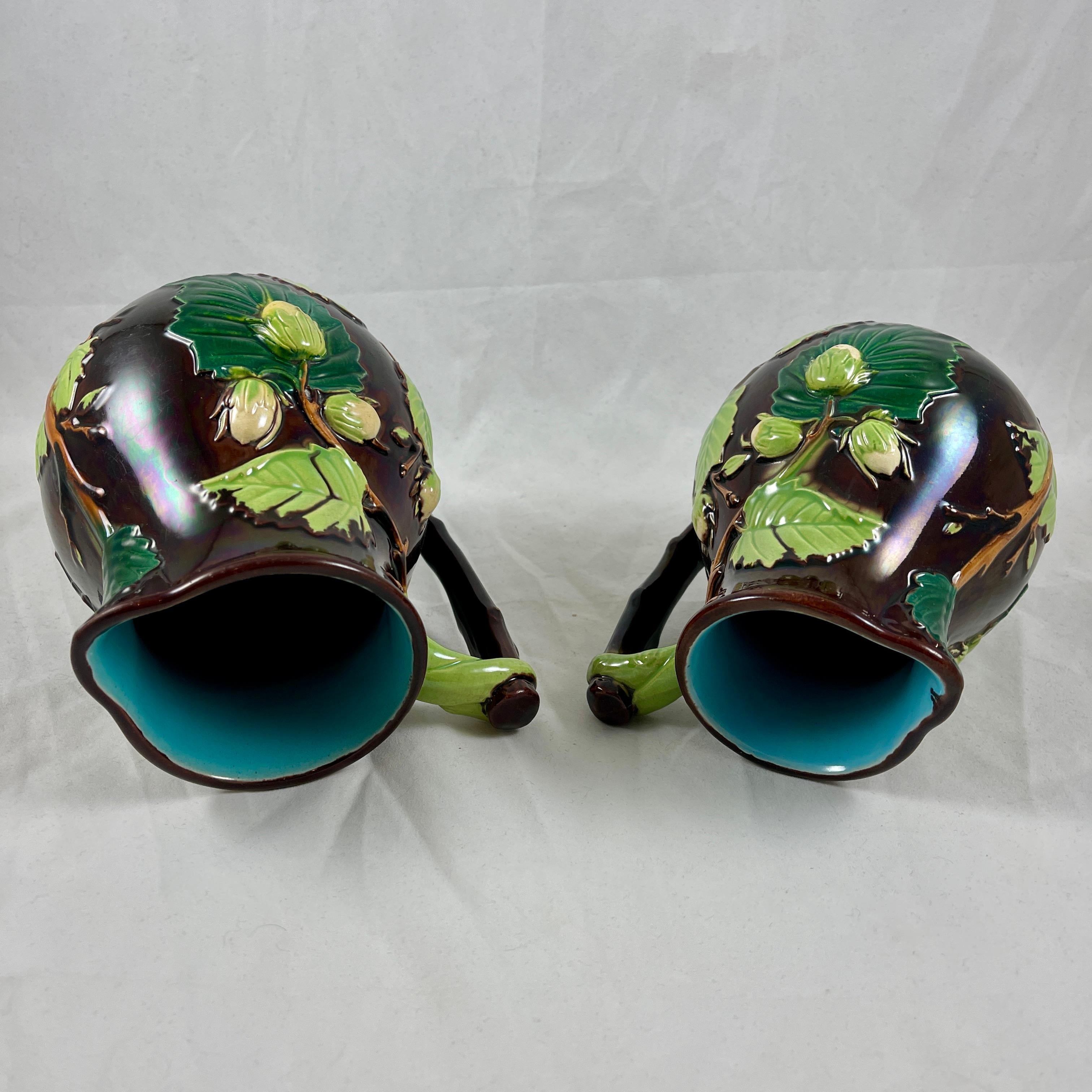 English Minton Aesthetic Movement Majolica Nut, Leaf & Vine Pitchers, a Pair For Sale 9
