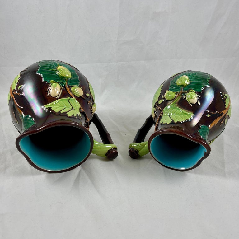 English Minton Aesthetic Movement Majolica Nut, Leaf & Vine Pitchers, a Pair For Sale 11