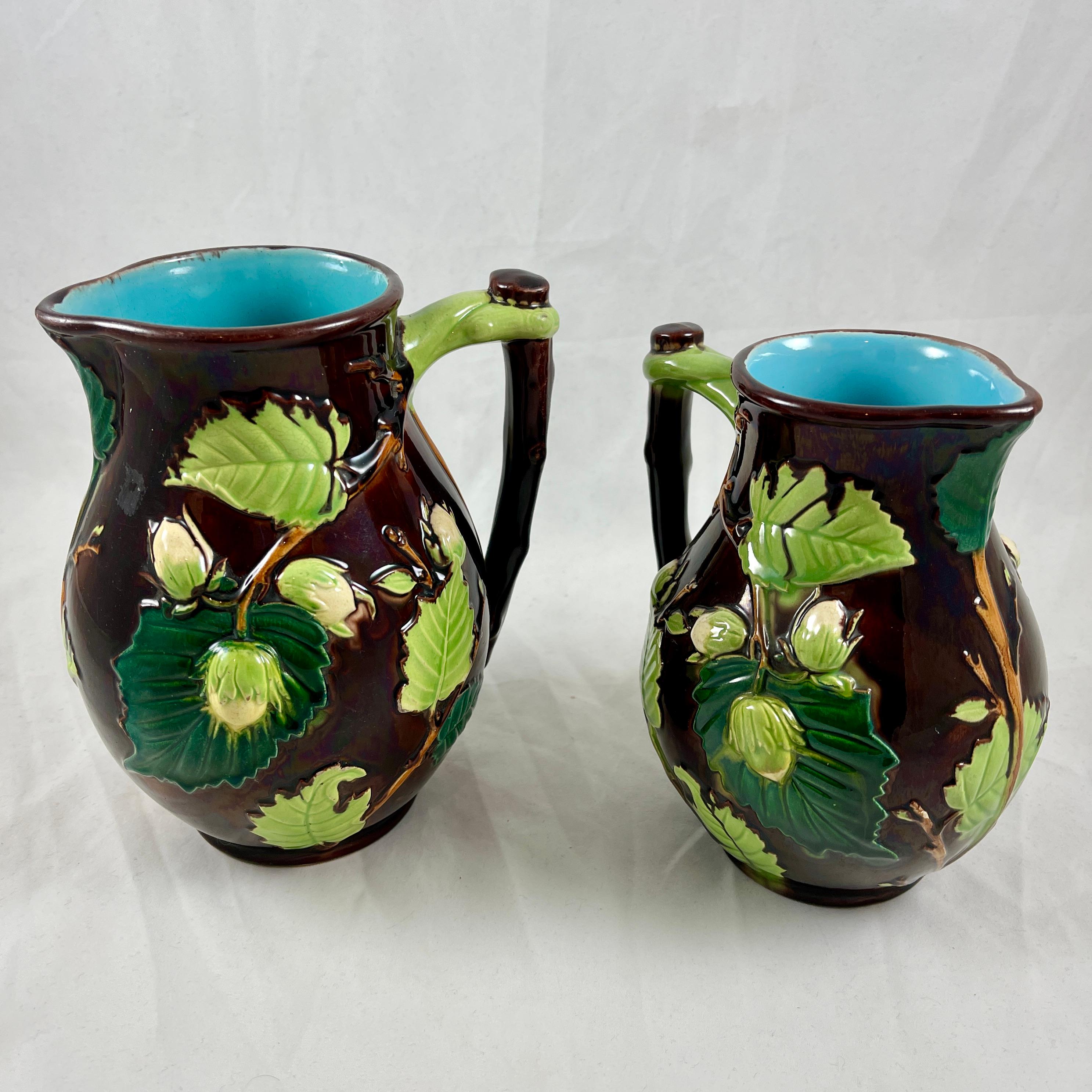 English Minton Aesthetic Movement Majolica Nut, Leaf & Vine Pitchers, a Pair For Sale 12