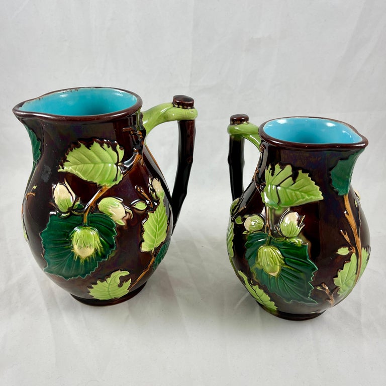 English Minton Aesthetic Movement Majolica Nut, Leaf & Vine Pitchers, a Pair For Sale 14