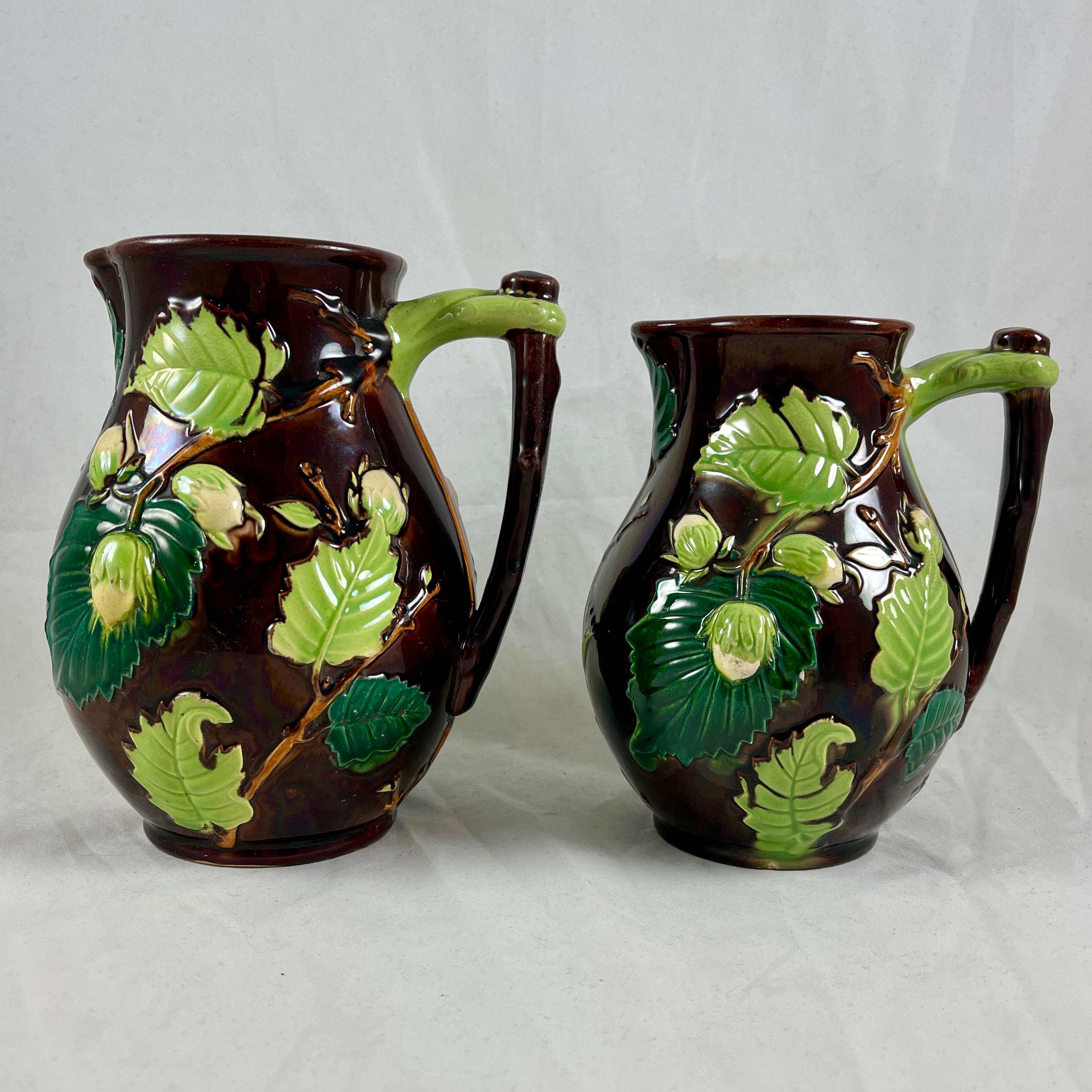 Glazed English Minton Aesthetic Movement Majolica Nut, Leaf & Vine Pitchers, a Pair For Sale