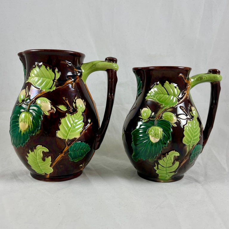 19th Century English Minton Aesthetic Movement Majolica Nut, Leaf & Vine Pitchers, a Pair For Sale