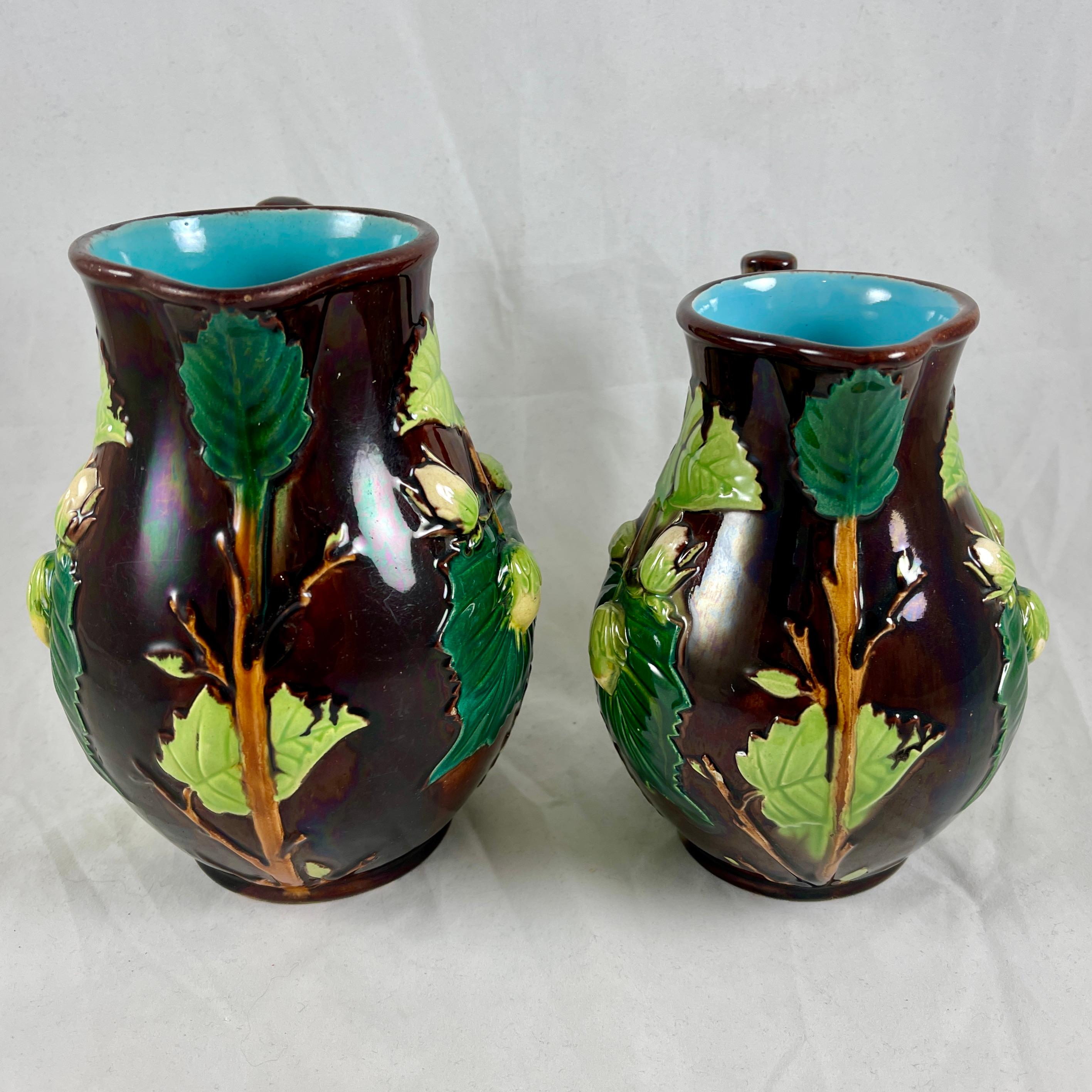 19th Century English Minton Aesthetic Movement Majolica Nut, Leaf & Vine Pitchers, a Pair For Sale