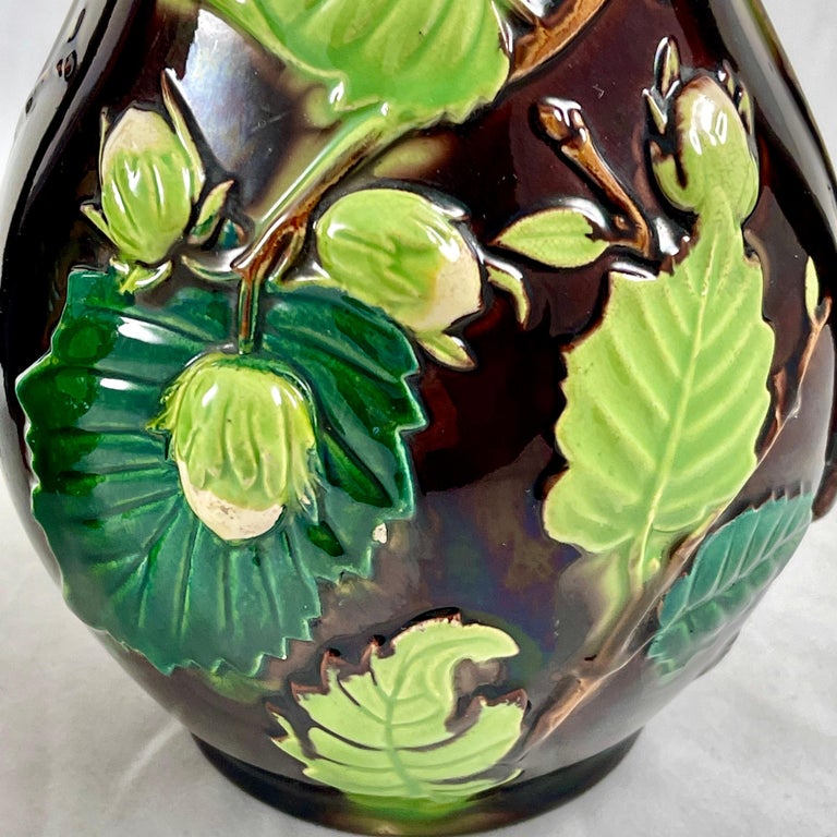 English Minton Aesthetic Movement Majolica Nut, Leaf & Vine Pitchers, a Pair For Sale 3