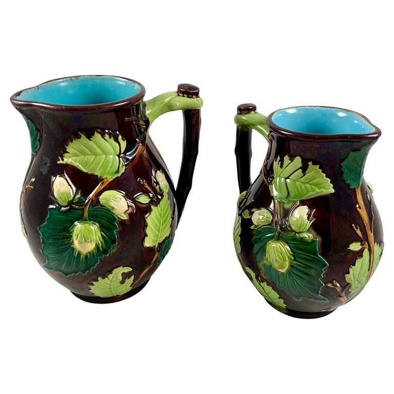 English Minton Aesthetic Movement Majolica Nut, Leaf & Vine Pitchers, a Pair For Sale