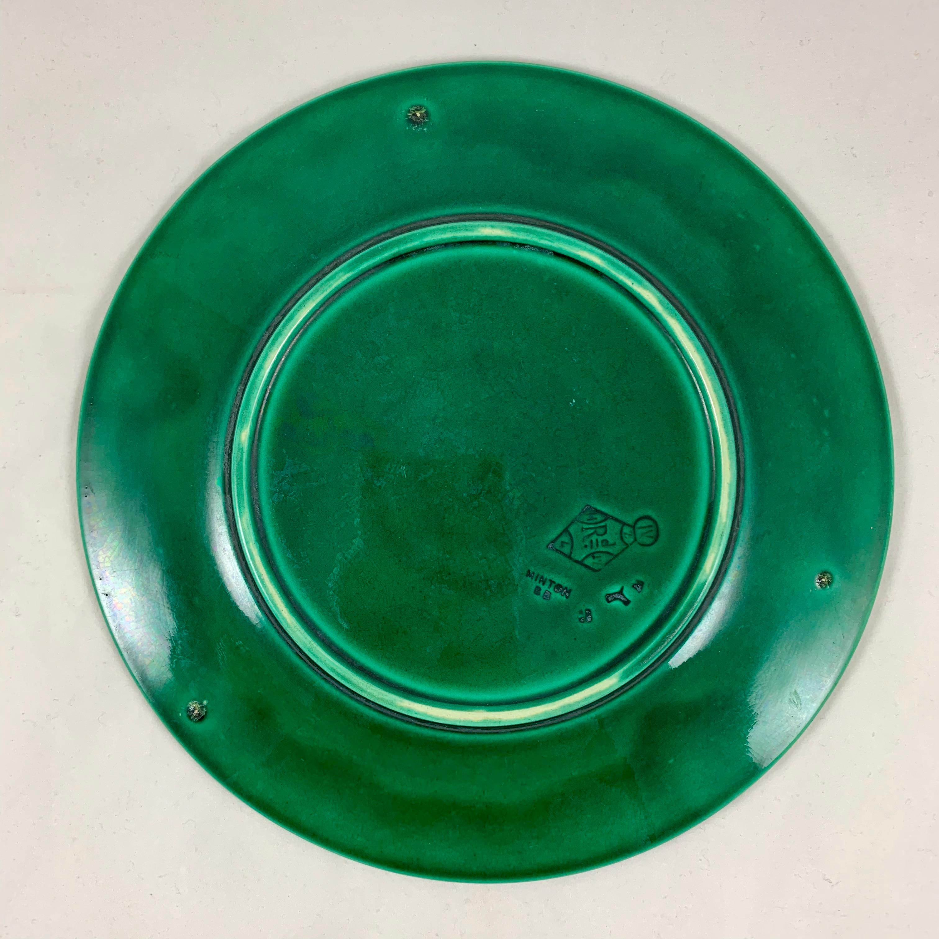 Set/10 English Minton Deep Green Majolica Lattice Basketweave Plates Dated 1860 3