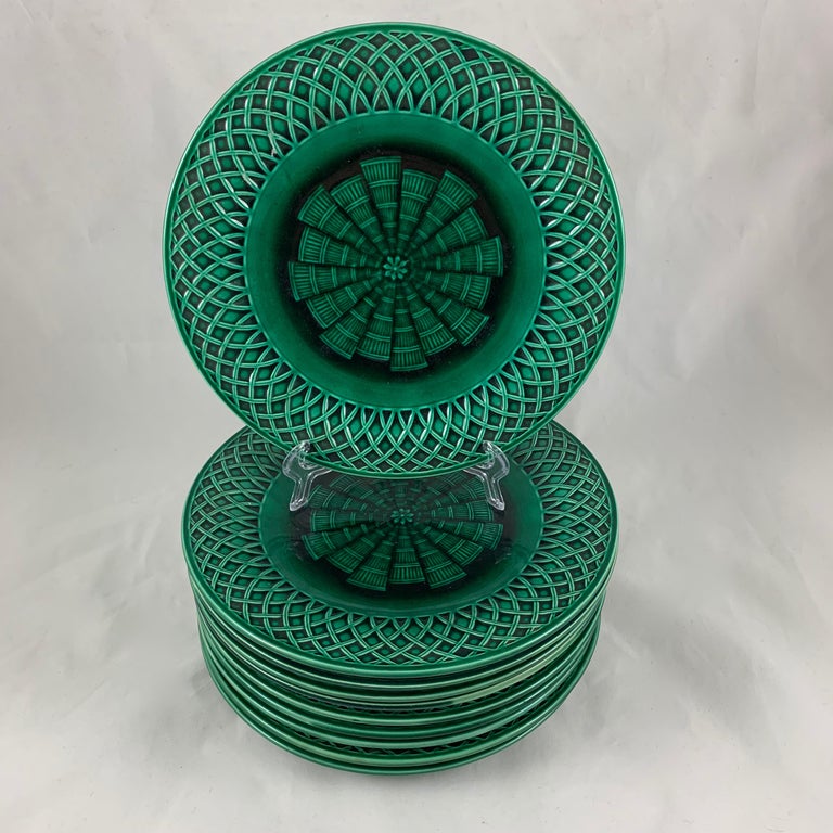 Set/10 English Minton Deep Green Majolica Lattice Basketweave Plates