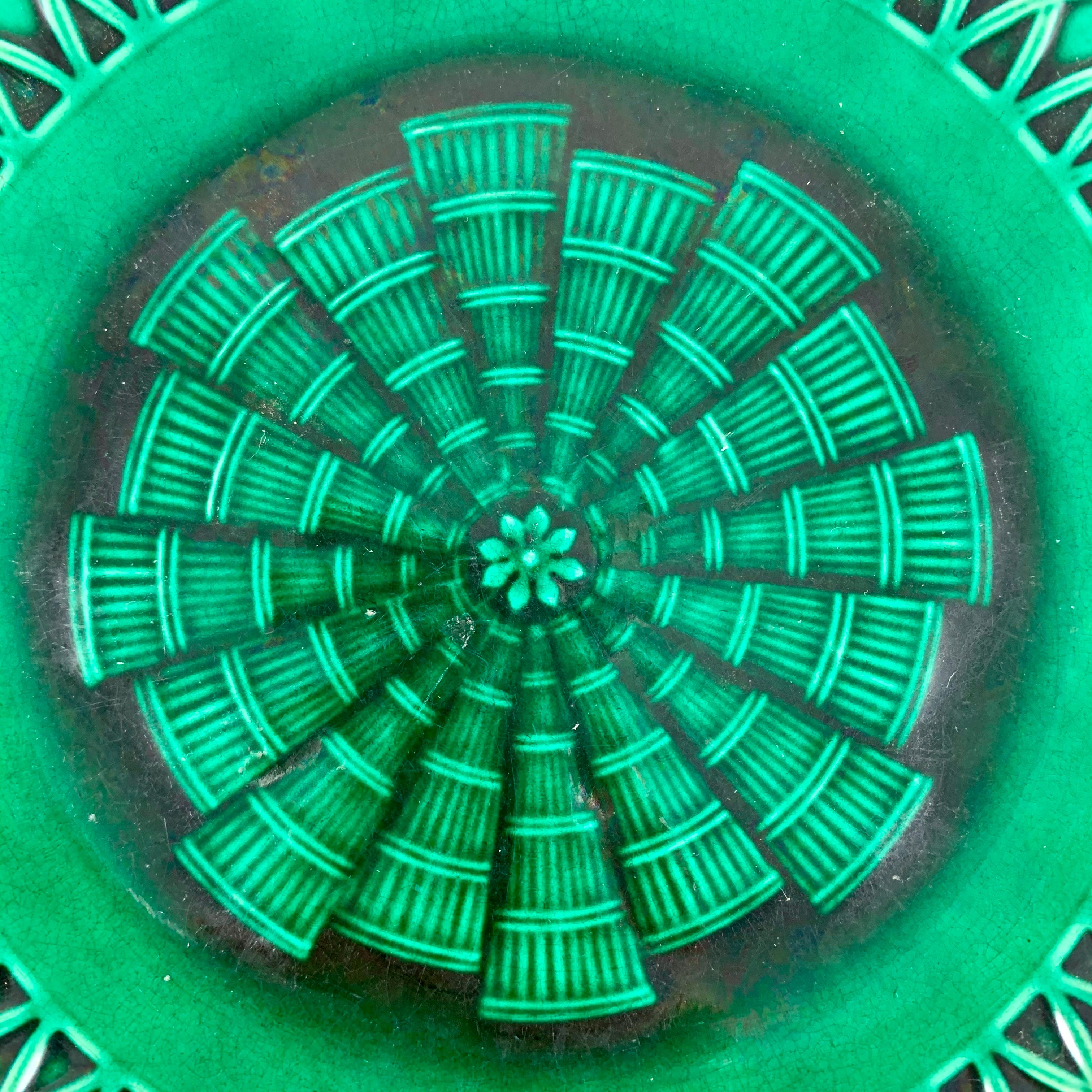 Glazed Set/10 English Minton Deep Green Majolica Lattice Basketweave Plates Dated 1860