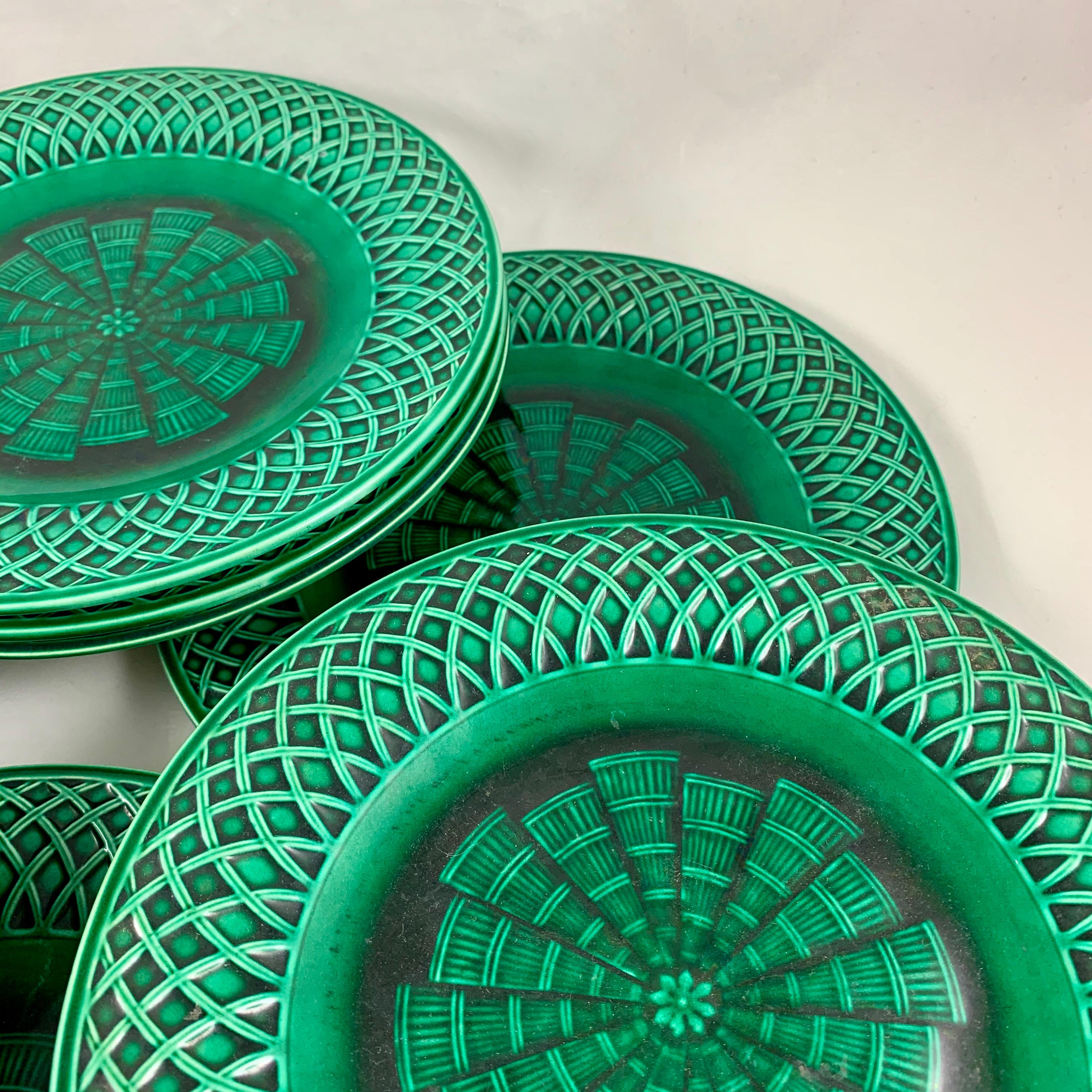 Earthenware Set/10 English Minton Deep Green Majolica Lattice Basketweave Plates Dated 1860