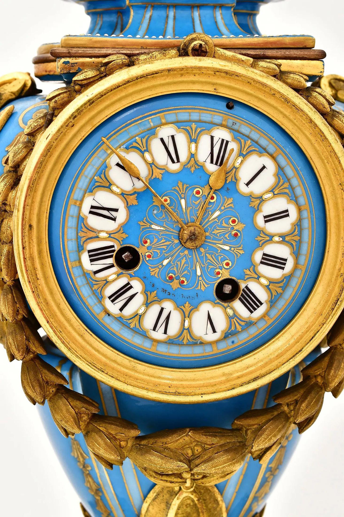 Enameled English Minton Gilt Bronze & Bleu Céleste Jeweled Porcelain Garniture Clock Set For Sale