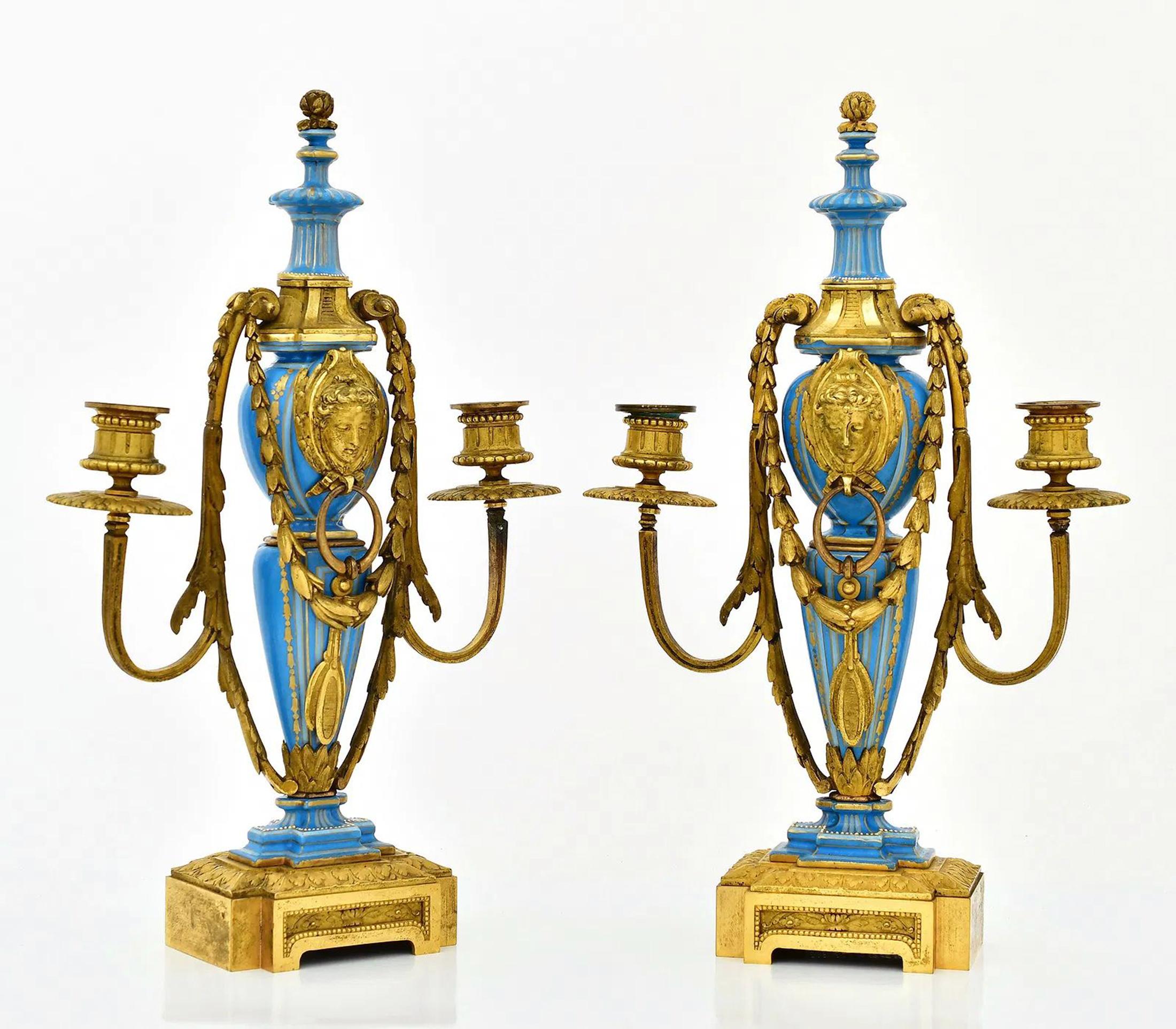 19th Century English Minton Gilt Bronze & Bleu Céleste Jeweled Porcelain Garniture Clock Set For Sale