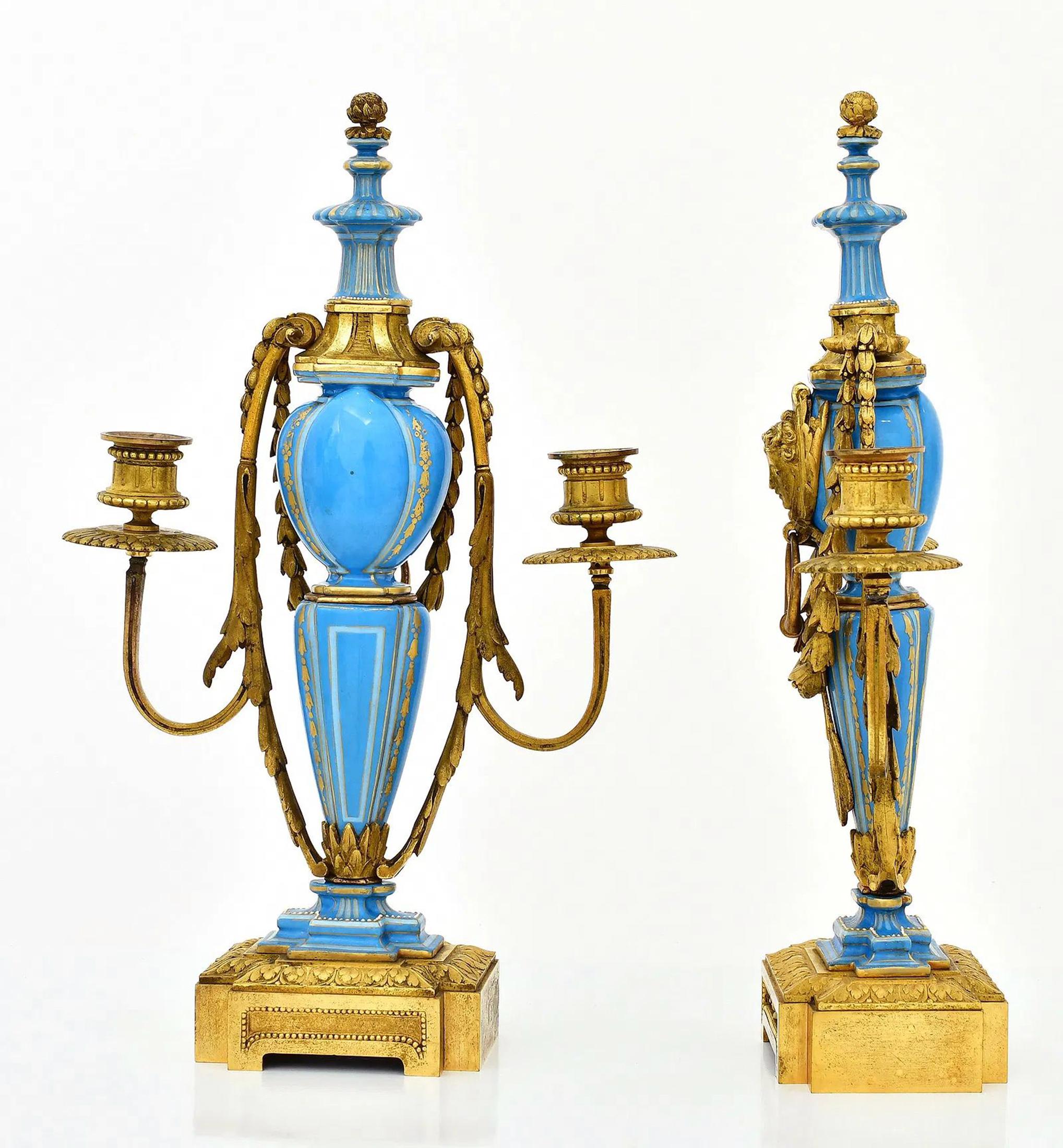 Enamel English Minton Gilt Bronze & Bleu Céleste Jeweled Porcelain Garniture Clock Set For Sale