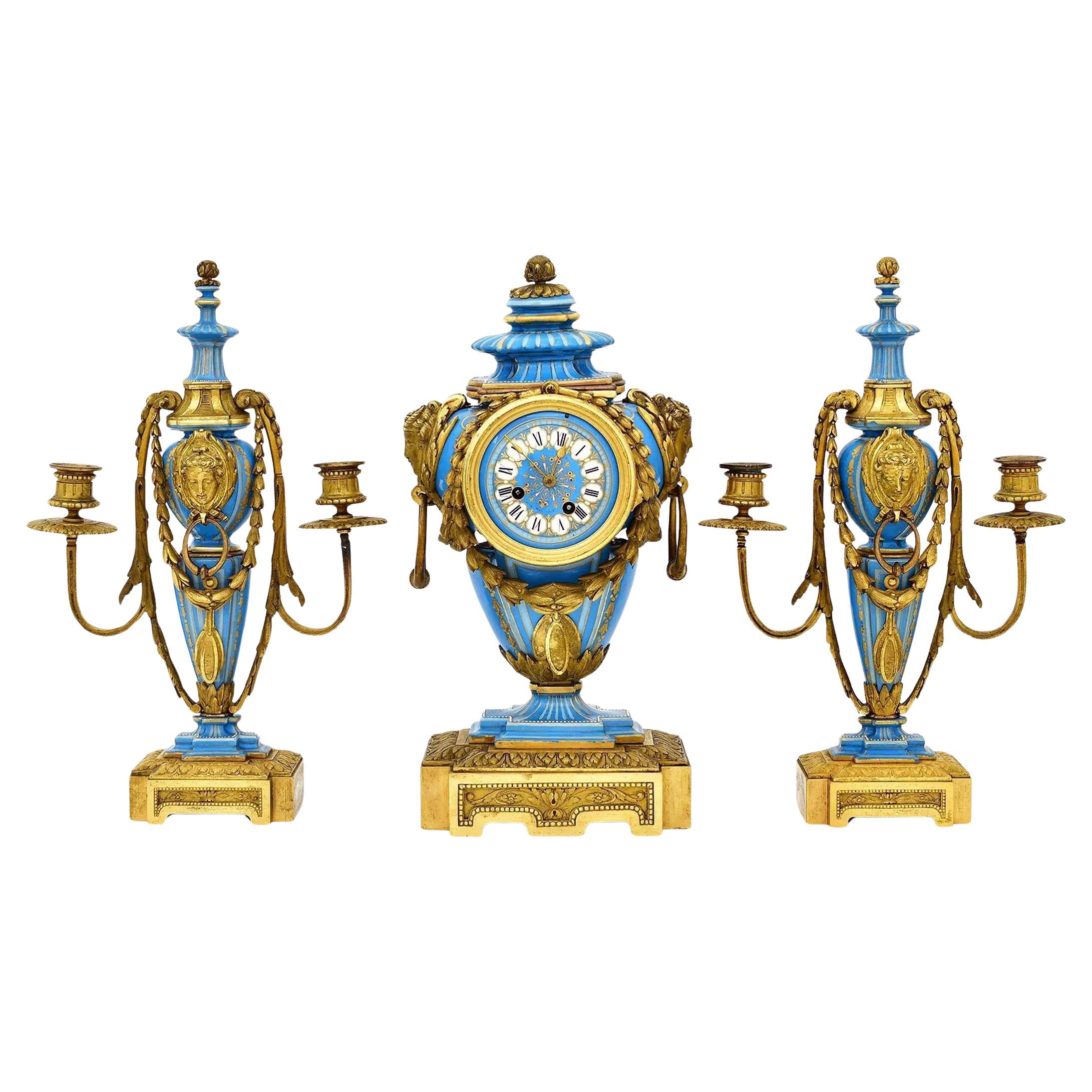 English Minton Gilt Bronze & Bleu Céleste Jeweled Porcelain Garniture Clock Set For Sale