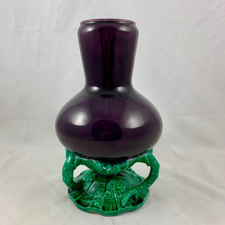 From Minton, a wonderful and extremely scarce majolica glazed Aubergine eggplant vase, dated 1875.

An example of the Japonisme Aesthetic so desirable in the mid-19th century. Glazed in an incredible purple-brown called Aubergine, the gourd shaped