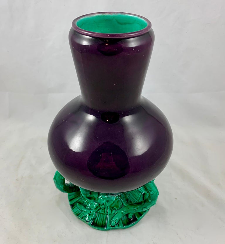 Glazed English Minton Japonisme Aesthetic Movement Majolica Aubergine Eggplant Vase For Sale