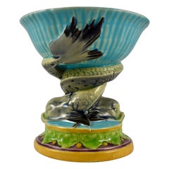 English Minton Majolica Dolphin Pedestal and Shell Open Salt Cellar, circa 1864