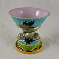 English Minton Majolica Dolphin Pedestal and Shell Open Salt Cellar, circa 1864